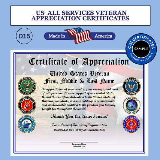 D15 Custom Veteran Certificates for Veterans Day Gifts: Edit & Download