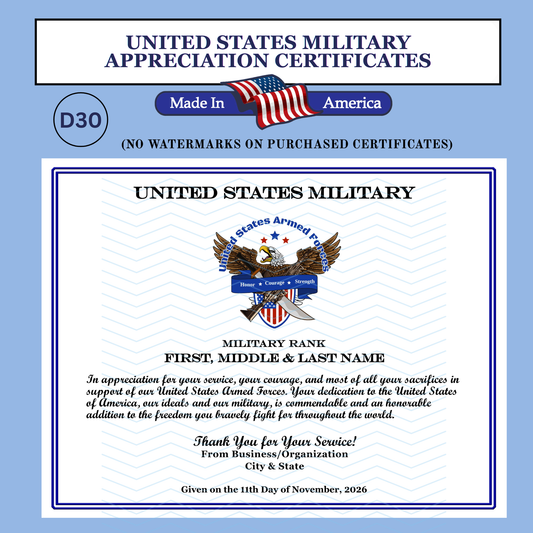 P-D30 Printed US Armed Forces Military Certificates