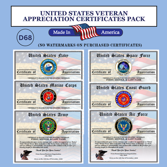P-D68 Printed All Services Veterans Day Certificates Pack
