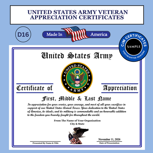D16 Custom Veteran Certificates for Veterans Day Gifts: Edit & Download