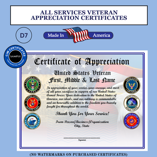 P-D7 Printed Veterans Day Certificates