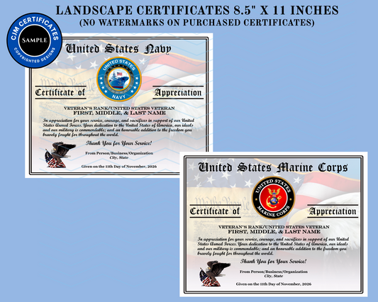 United States Veteran Certificates of Appreciation Pack to be designed to your expectations, professionally printed and shipped.