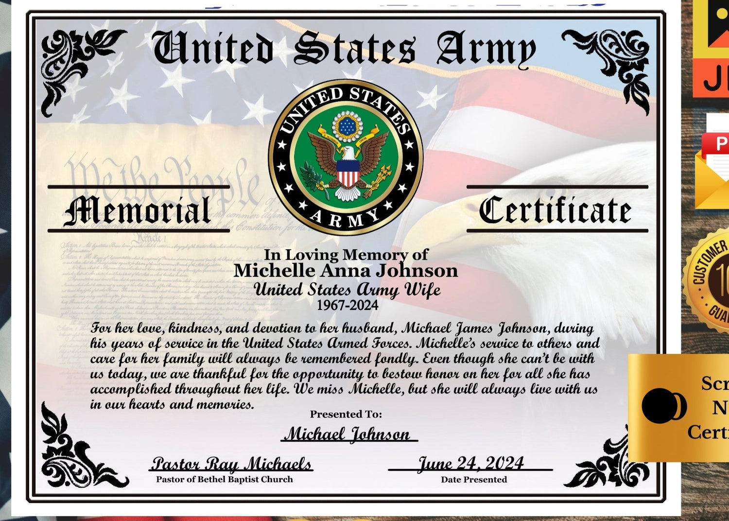 United States Military Spouse Memorial Certificate, a U.S. Army wife memorial certificate, with text and decorative elements.