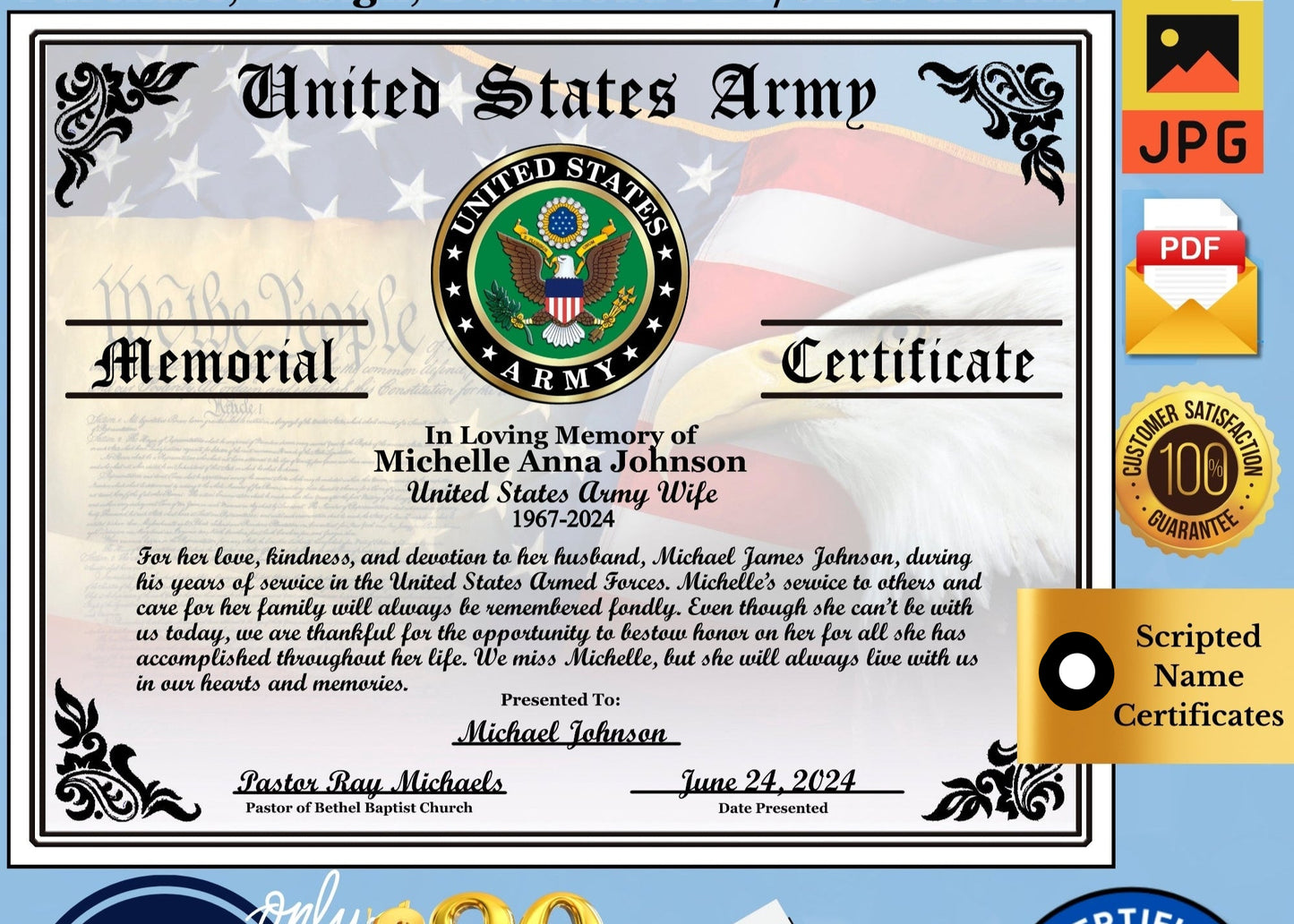United States Army Memorial Certificate, United States Military Wife, US Spouse Memorial Certificate with decorative elements and logos