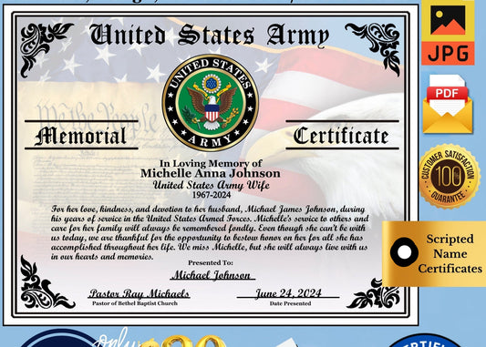 United States Army Memorial Certificate, United States Military Wife, US Spouse Memorial Certificate with decorative elements and logos