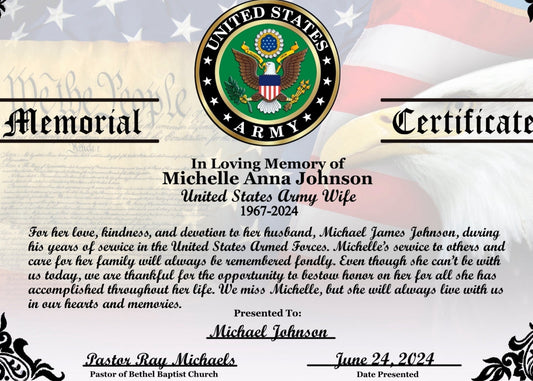 Memorial certificate for a United States Army Wife, Military Spouse Memorial Certificate with U.S. Army emblem.