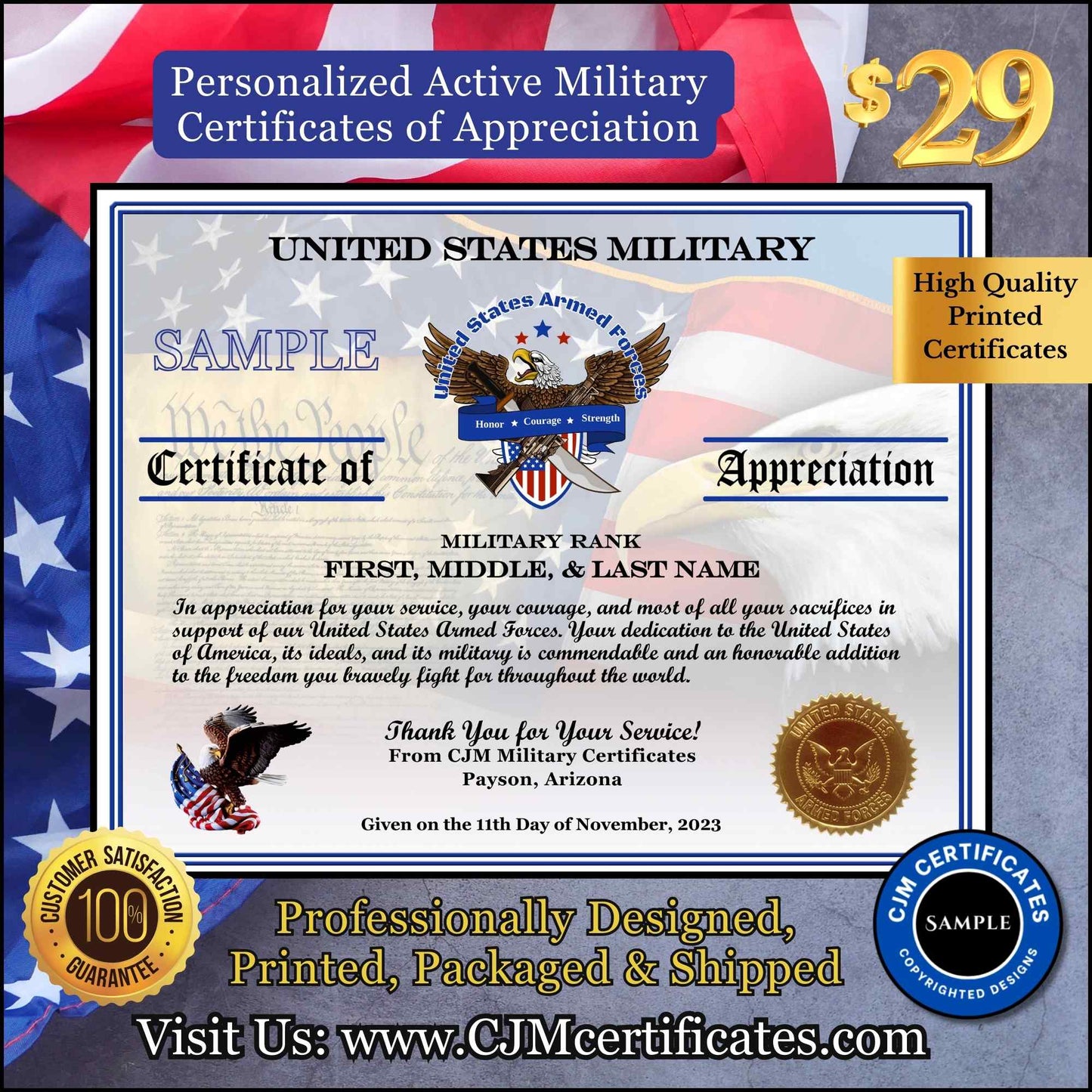 New Active Military Certificates of Appreciation