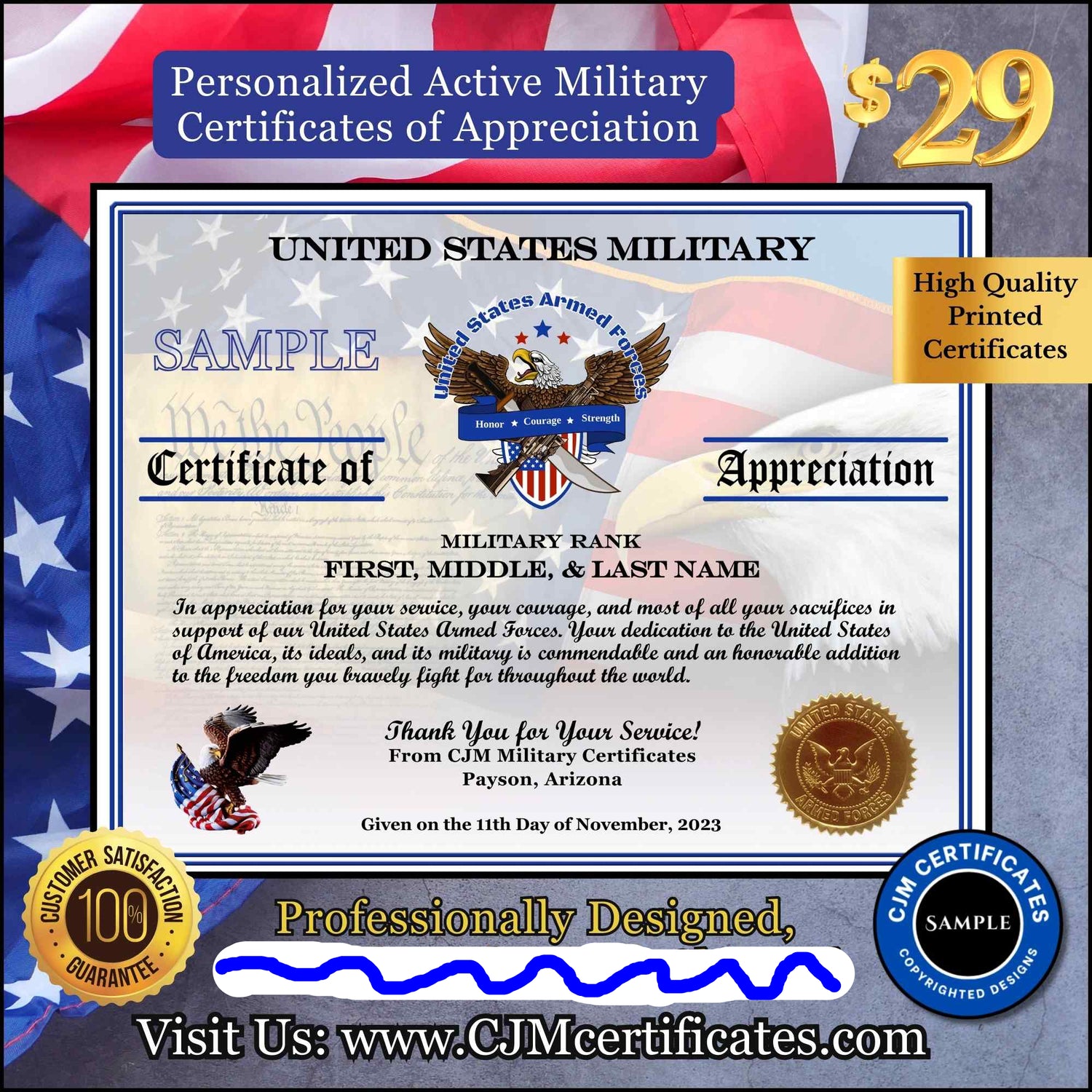 A sample image of a personalized active military certificate of appreciation with a background of stars and stripes, featuring the United States Military Bank emblem and a place for personalized text including the service member's name and rank.