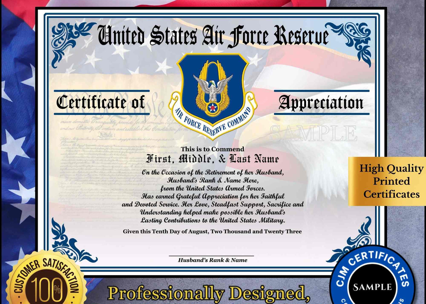 A personalized military retirement wife appreciation certificate with a blue and white color scheme, featuring the United States Air Force Reserve emblem, the recipient's name, and a congratulatory message.