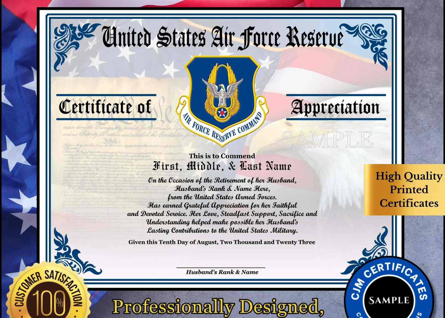 A personalized military retirement wife appreciation certificate with a blue and white color scheme, featuring the United States Air Force Reserve emblem, the recipient's name, and a congratulatory message.