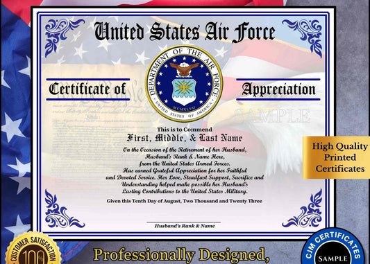 A personalized military retirement wife appreciation certificate with a blue and white color scheme, featuring the United States Air Force emblem, the recipient's name, and a congratulatory message.
