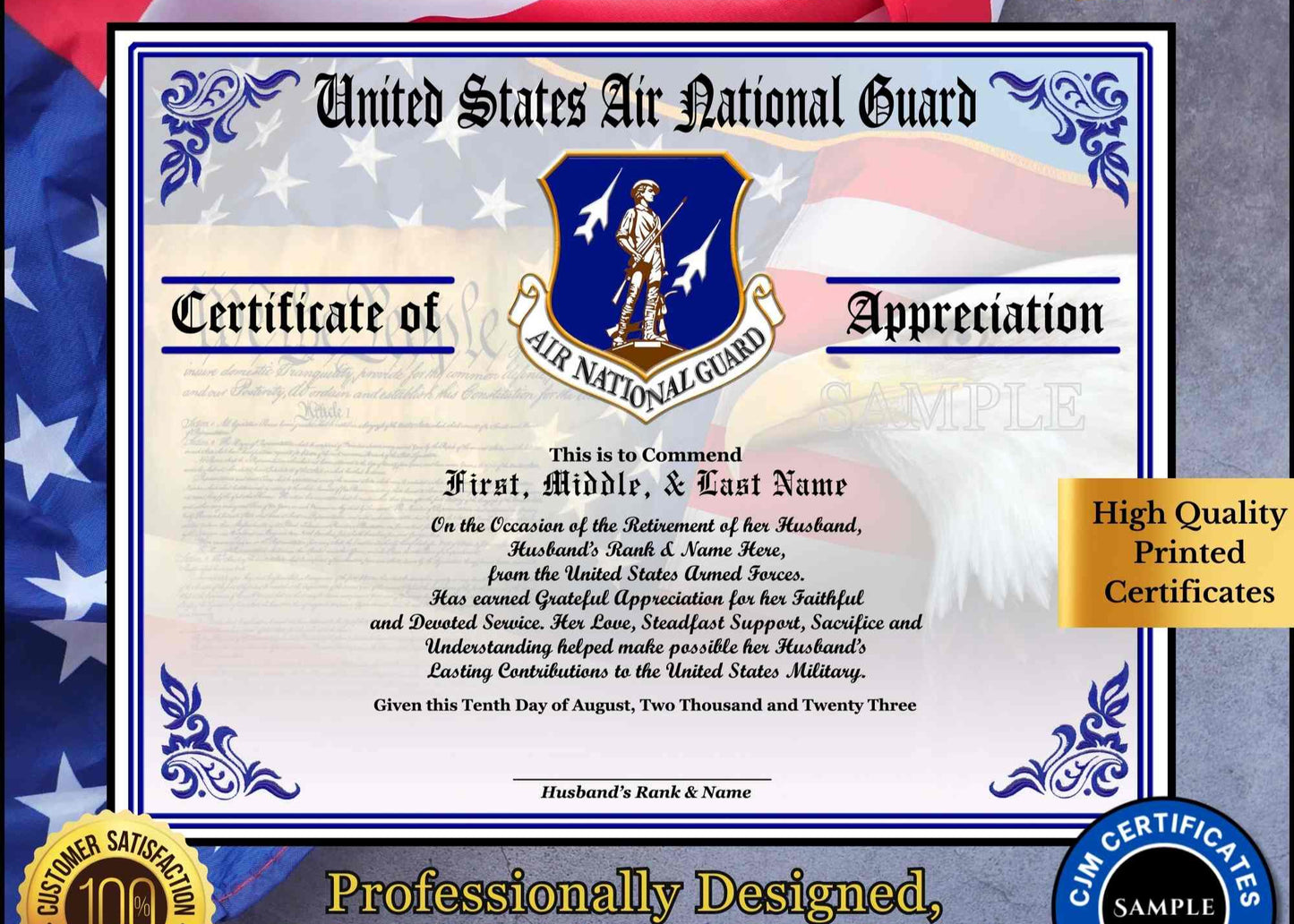 A personalized military retirement wife appreciation certificate with a blue and white color scheme, featuring the United States Air National Guard emblem, the recipient's name, and a congratulatory message.