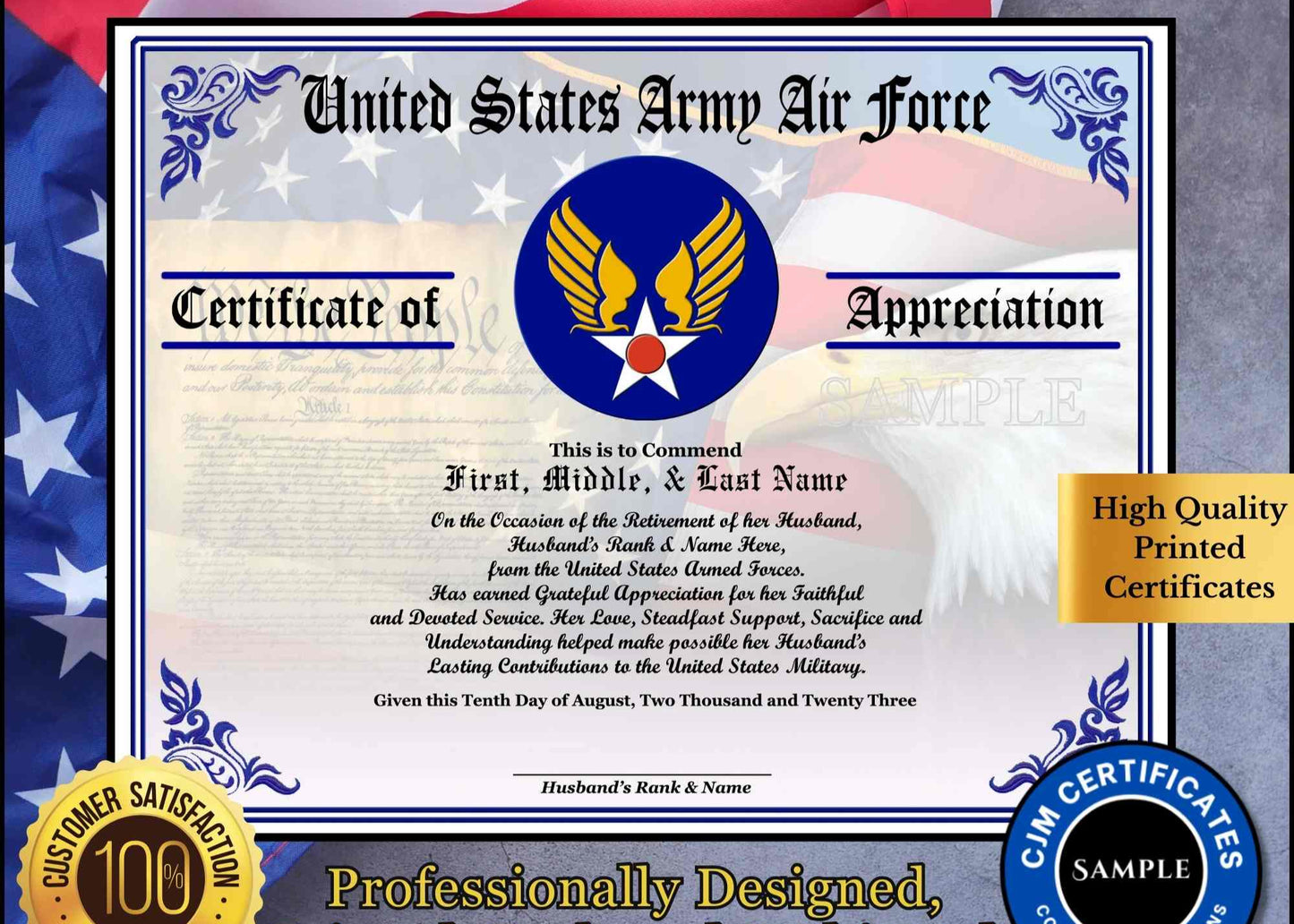 A personalized military retirement spouse appreciation certificate with a blue and white color scheme, featuring the United States Air Force emblem, the recipient's name, and a congratulatory message.