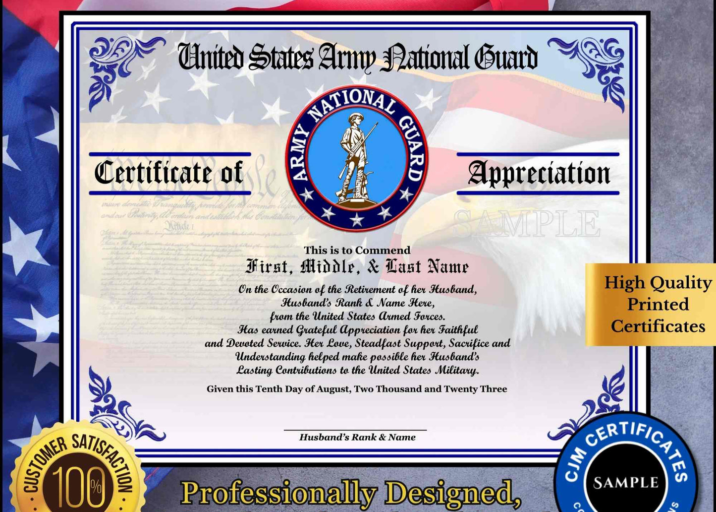 A personalized military retirement wife appreciation certificate with a blue and white color scheme, featuring the United States Army National Guard emblem, the recipient's name, and a congratulatory message.