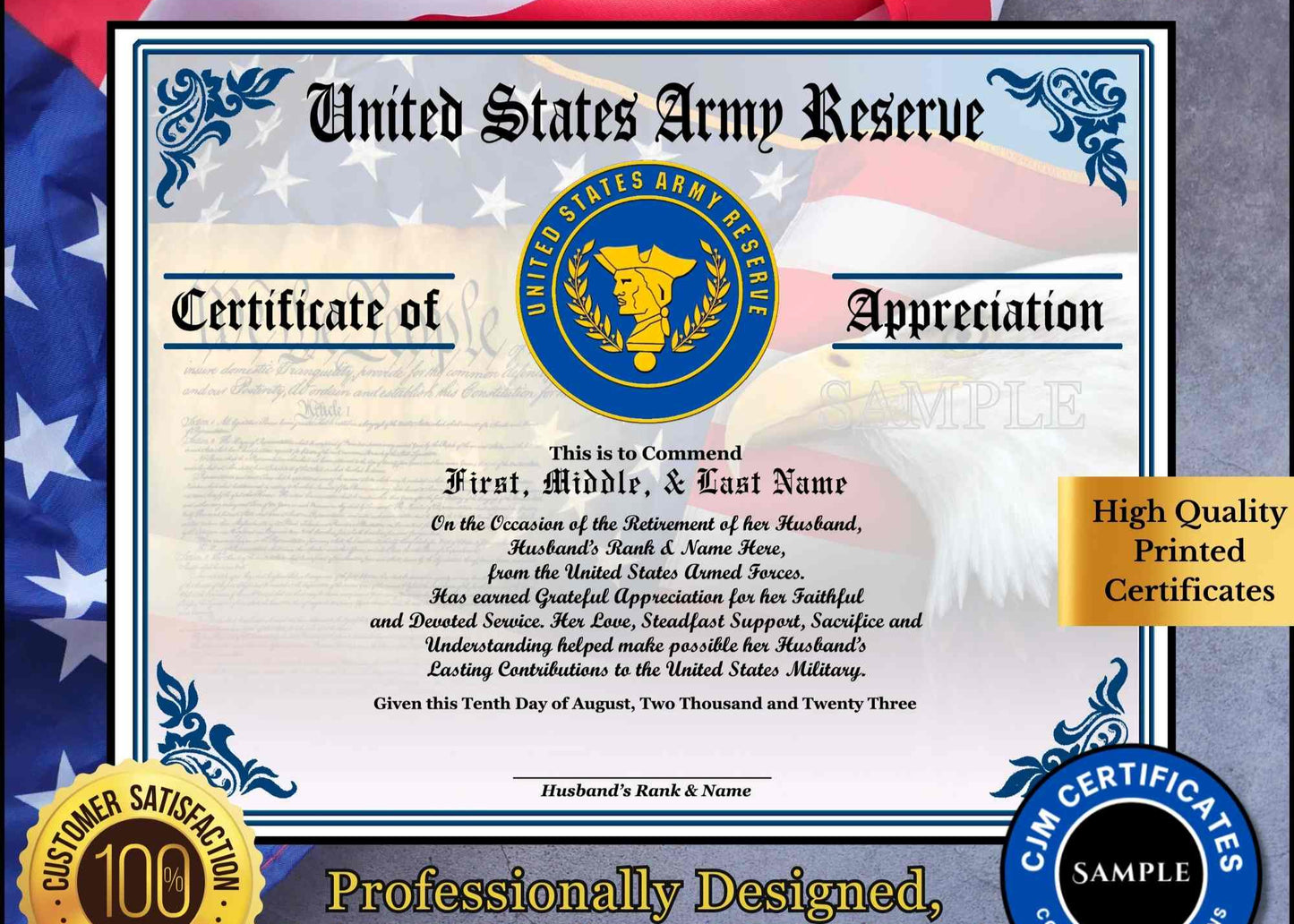 A personalized military retirement wife appreciation certificate with a blue and white color scheme, featuring the United States Army Reserve emblem, the recipient's name, and a congratulatory message.