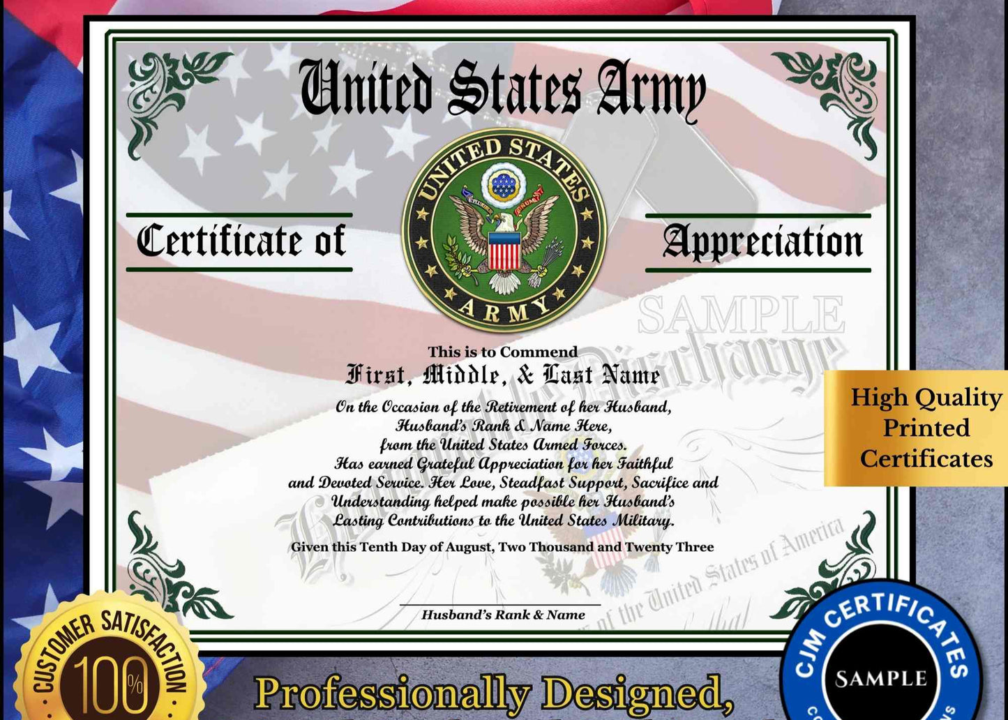 A personalized military retirement wife appreciation certificate with a blue and white color scheme, featuring the United States Army emblem, the recipient's name, and a congratulatory message.