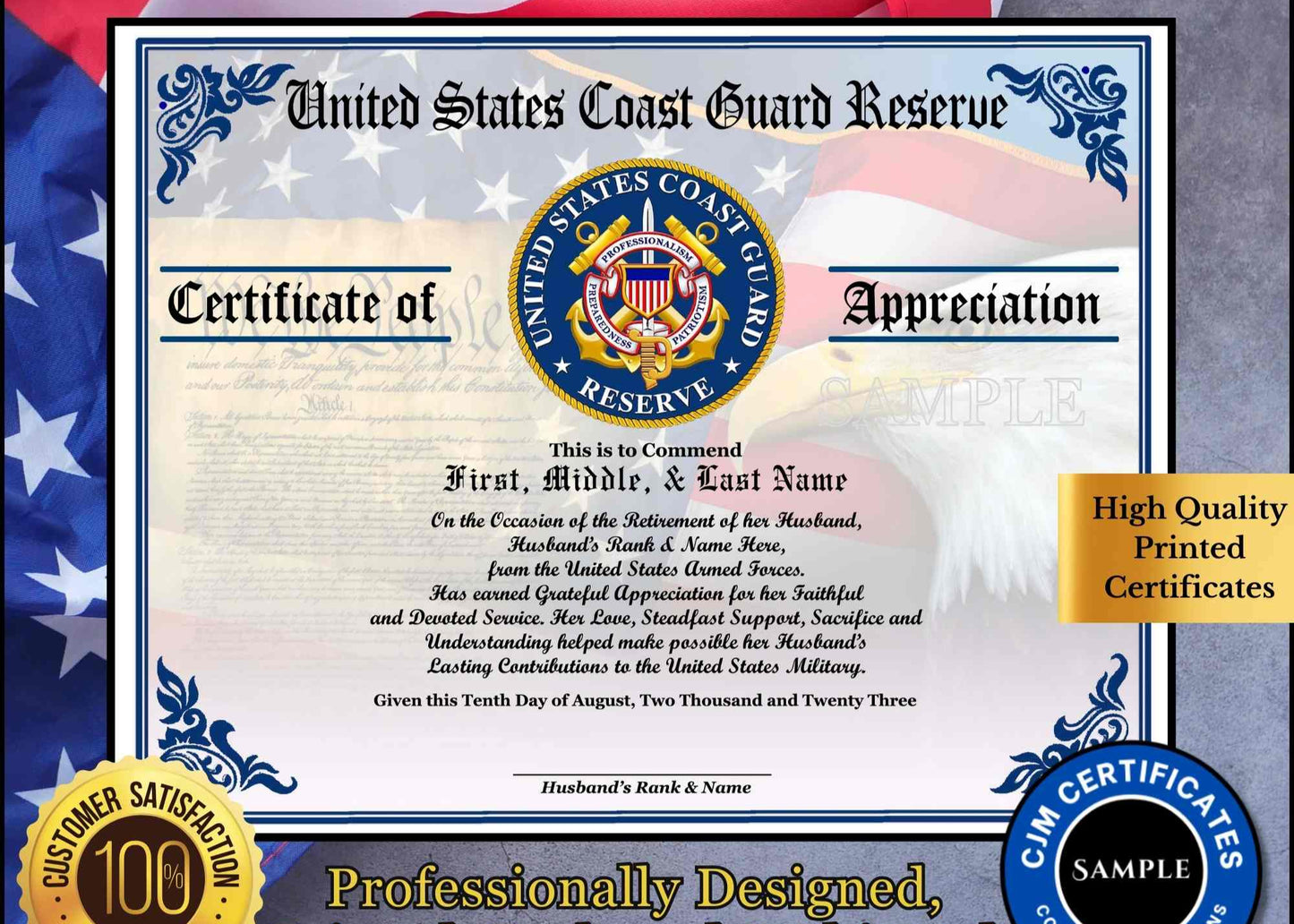 A personalized military retirement wife appreciation certificate with a blue and white color scheme, featuring the United States Coast Guard Reserve emblem, the recipient's name, and a congratulatory message.