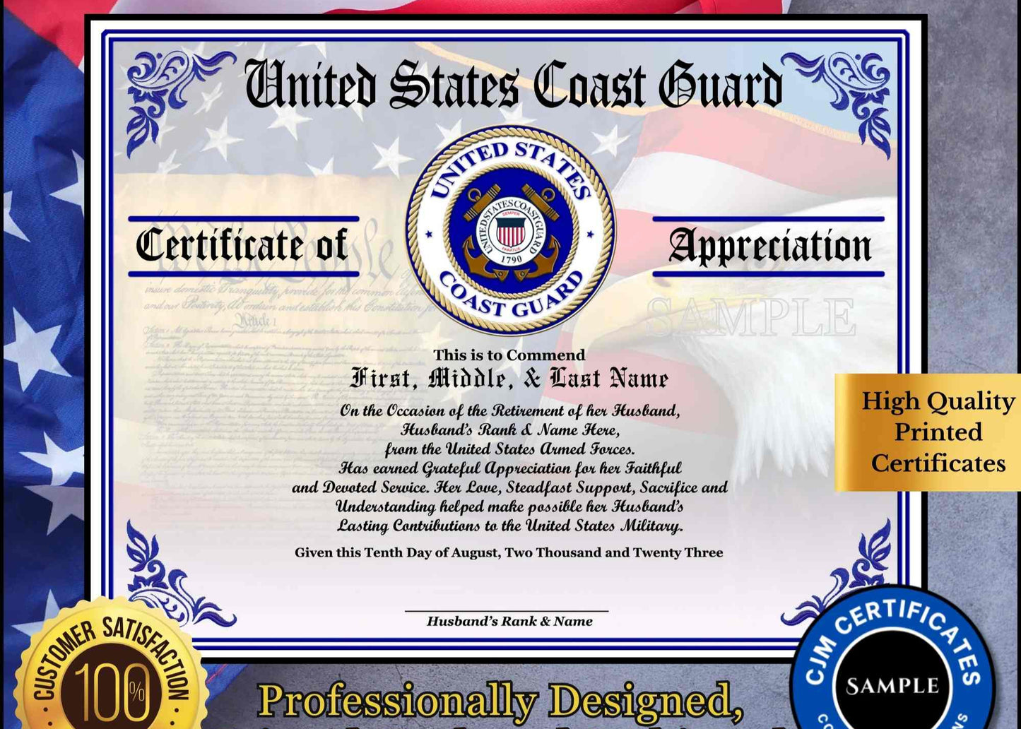 A personalized military retirement wife appreciation certificate with a blue and white color scheme, featuring the United States Coast Guard emblem, the recipient's name, and a congratulatory message.