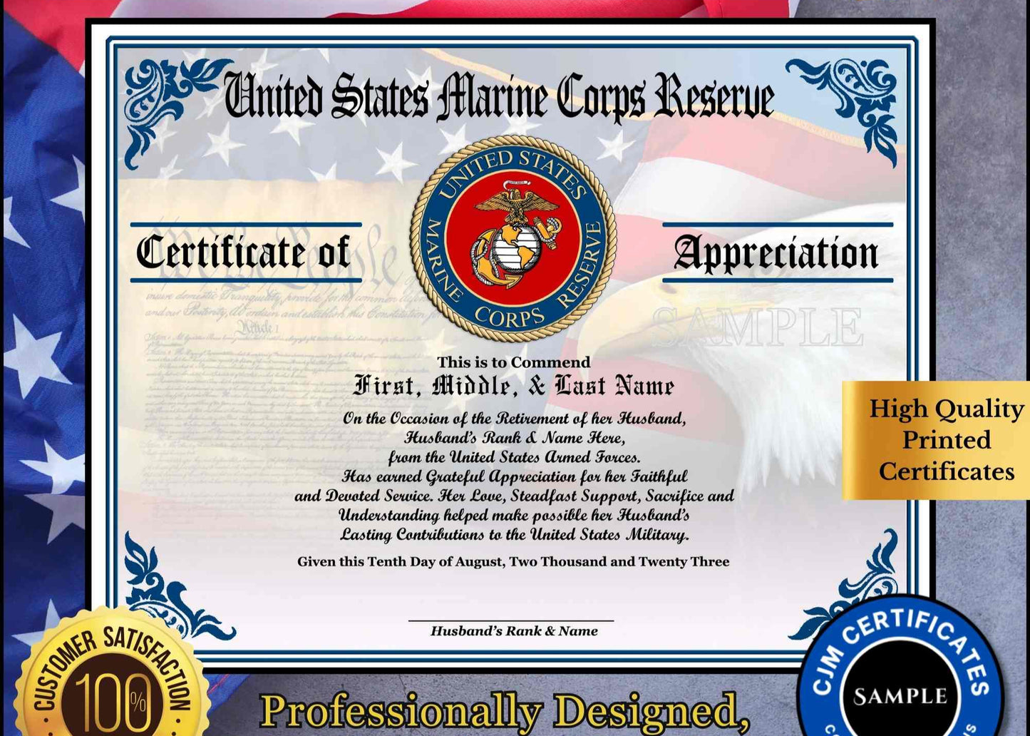 A personalized military retirement wife appreciation certificate with a blue and white color scheme, featuring the United States Marine Corps Reserve emblem, the recipient's name, and a congratulatory message.