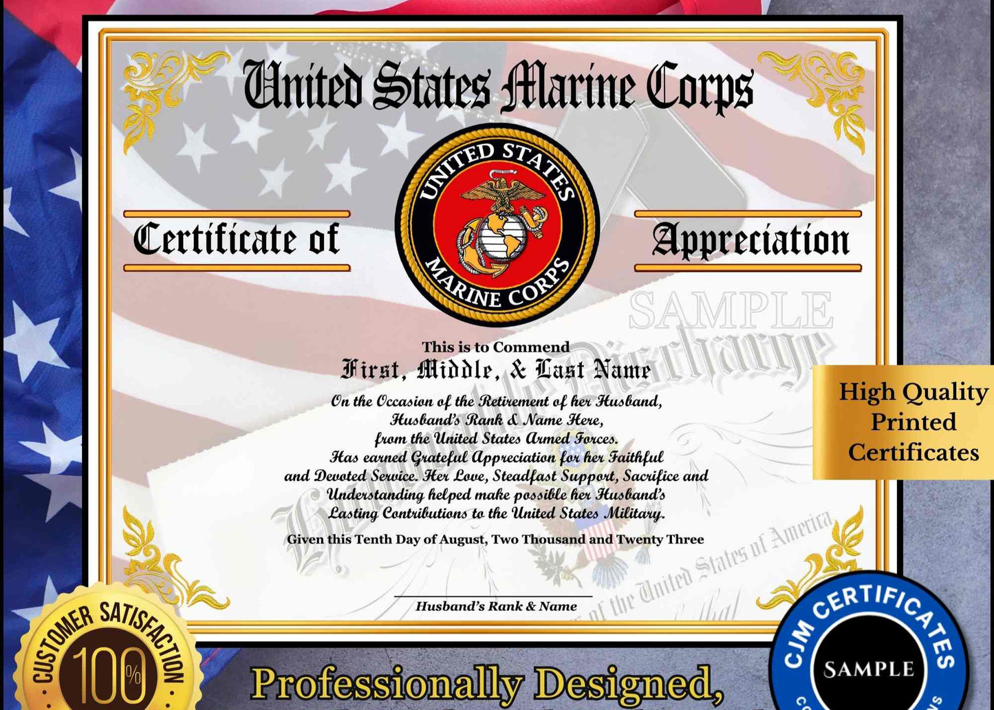 A personalized military retirement wife appreciation certificate with a blue and white color scheme, featuring the United States Marine Corps emblem, the recipient's name, and a congratulatory message.