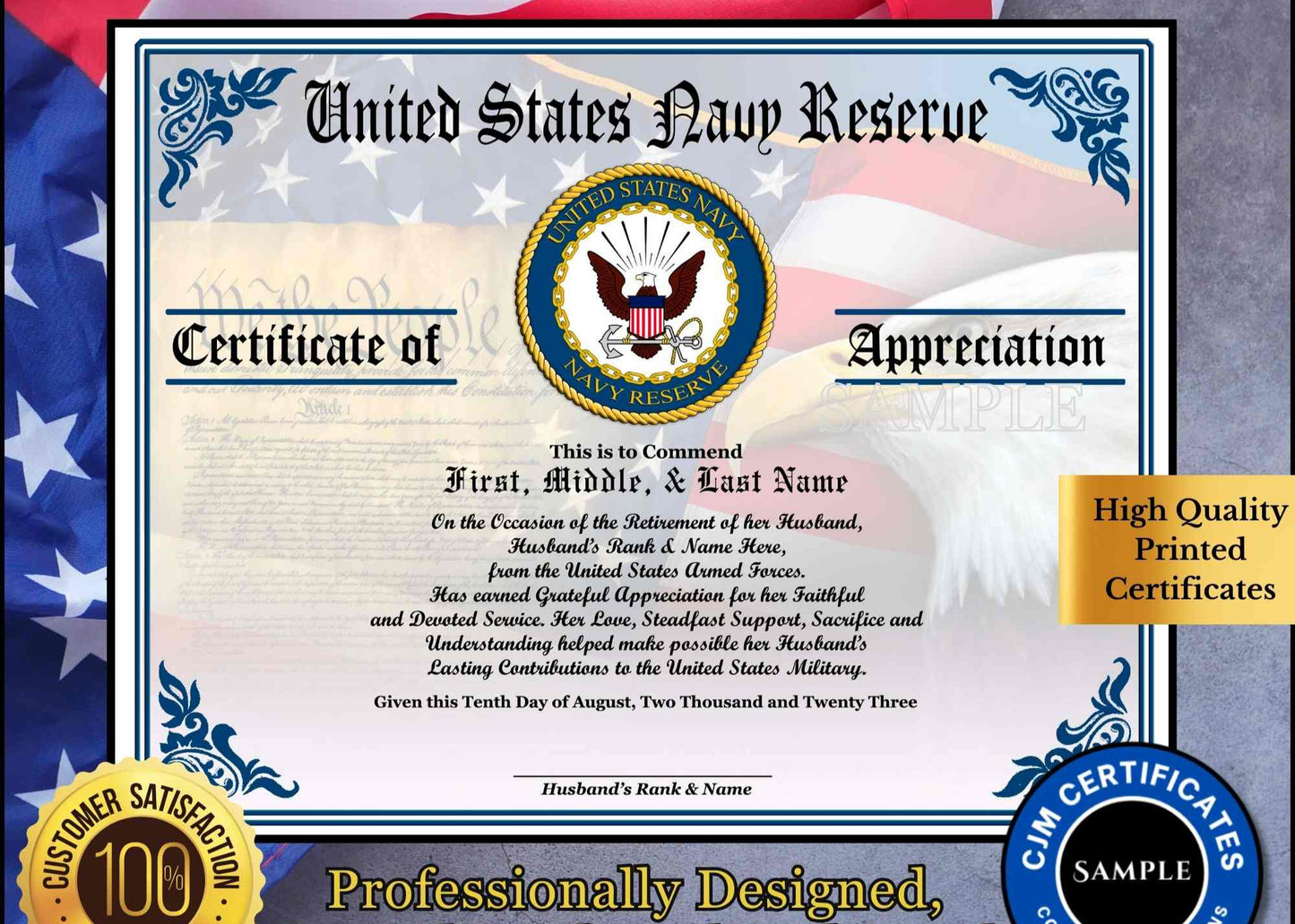 A personalized military retirement wife appreciation certificate with a blue and white color scheme, featuring the United States Navy Reserve emblem, the recipient's name, and a congratulatory message.