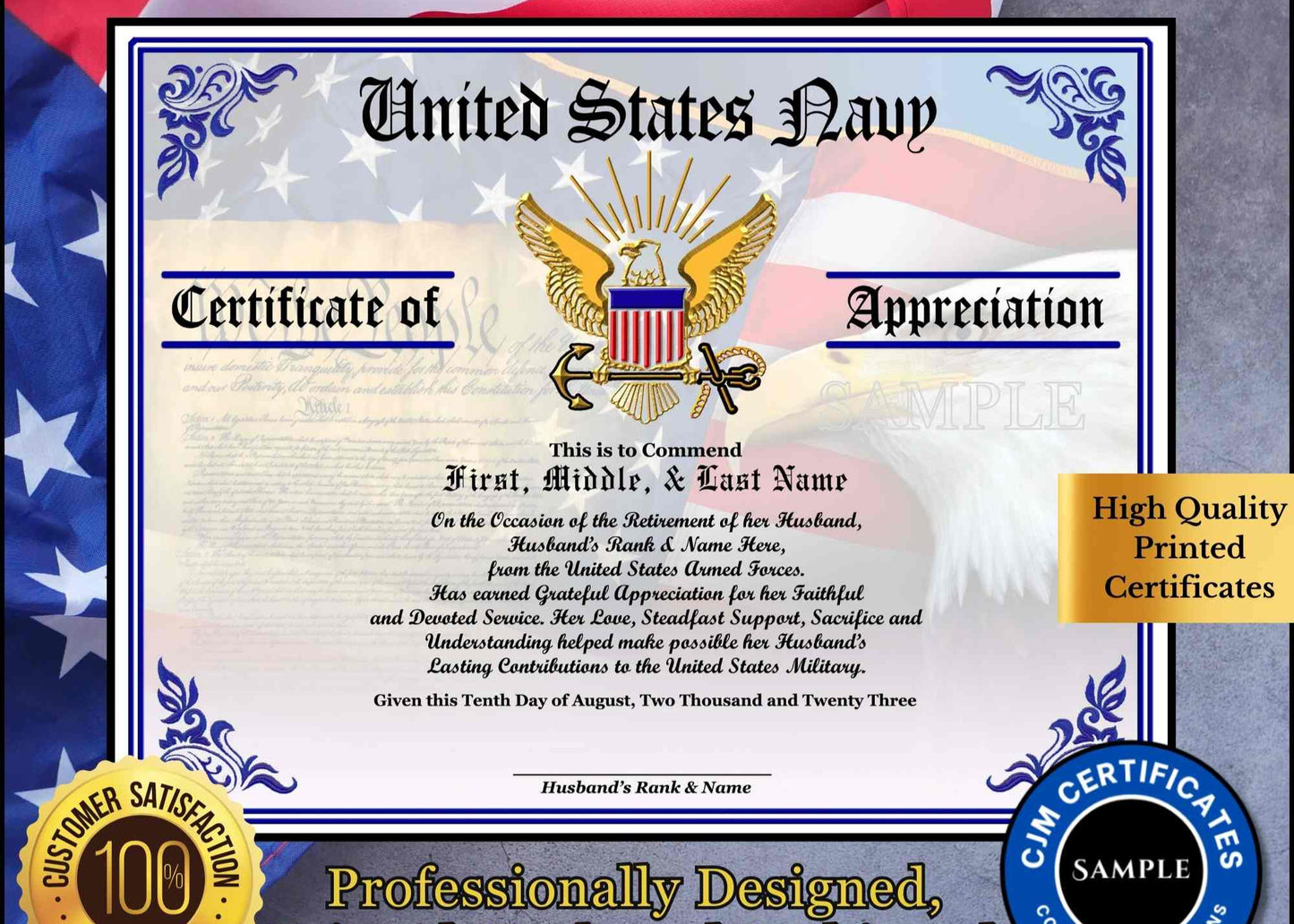 A personalized military retirement wife appreciation certificate with a blue and white color scheme, featuring the United States Navy emblem, the recipient's name, and a congratulatory message.