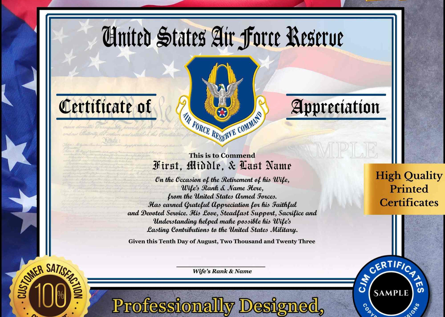 A personalized military retirement husband appreciation certificate with a blue and white color scheme, featuring the United States Air Force Reserve emblem, flags, and a customized message.