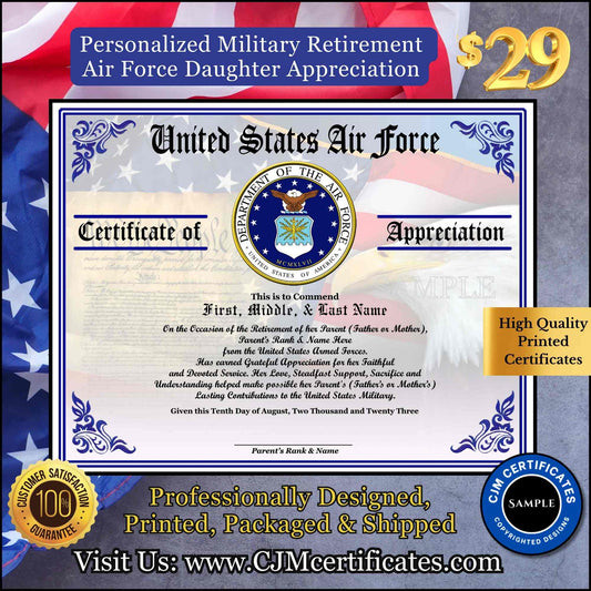 Military Retirement Ceremony Daughter Certificate
