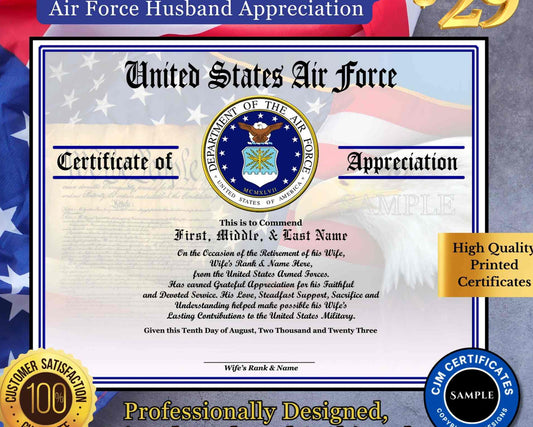 A personalized military retirement husband appreciation certificate with a blue and white color scheme, featuring the United States Air Force emblem, flags, and a customized message.
