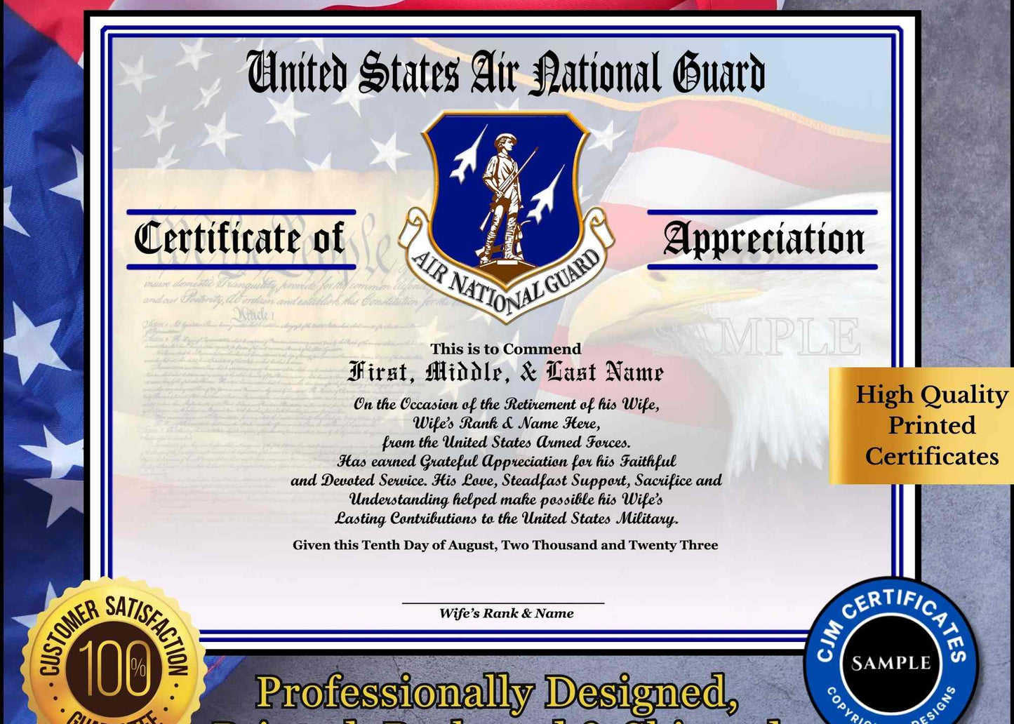 A personalized military retirement husband appreciation certificate with a blue and white color scheme, featuring the United States Air National Guard emblem, flags, and a customized message.