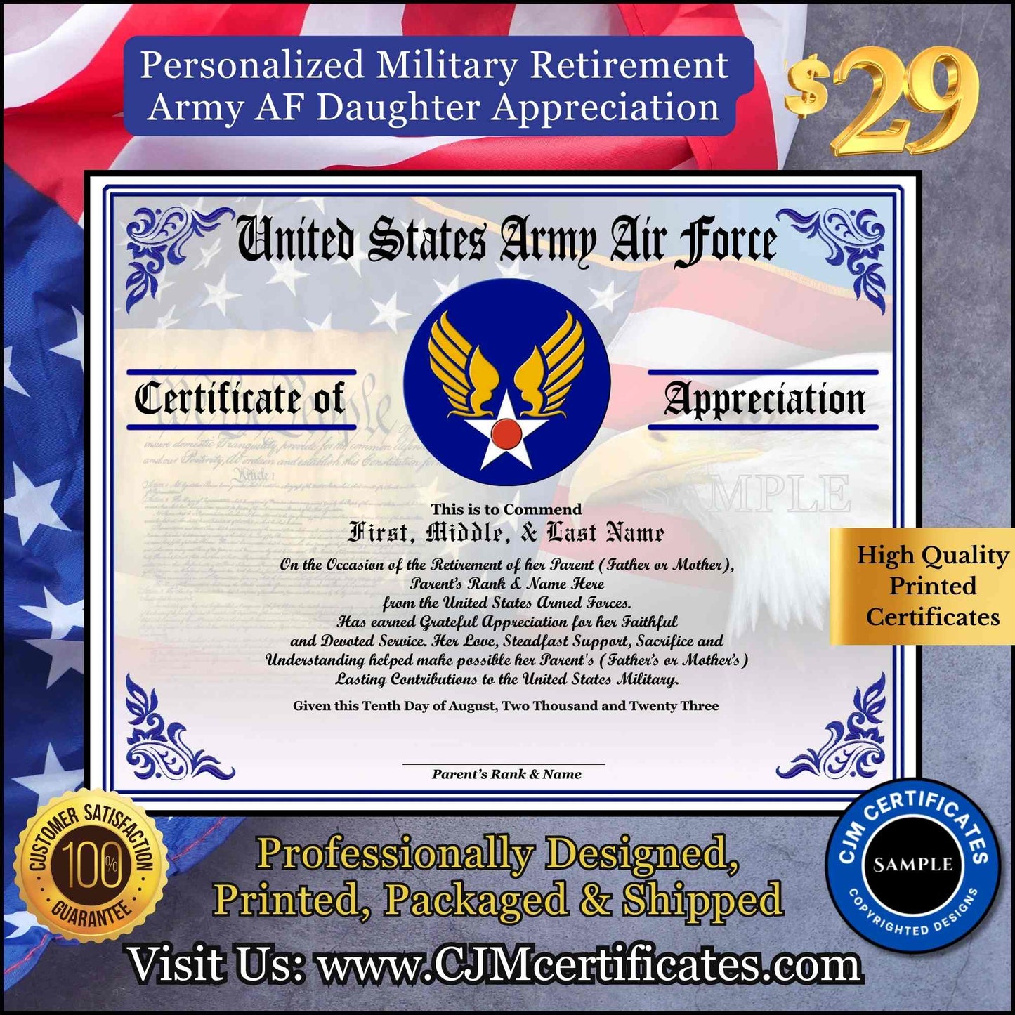 Military Retirement Ceremony Daughter Certificate