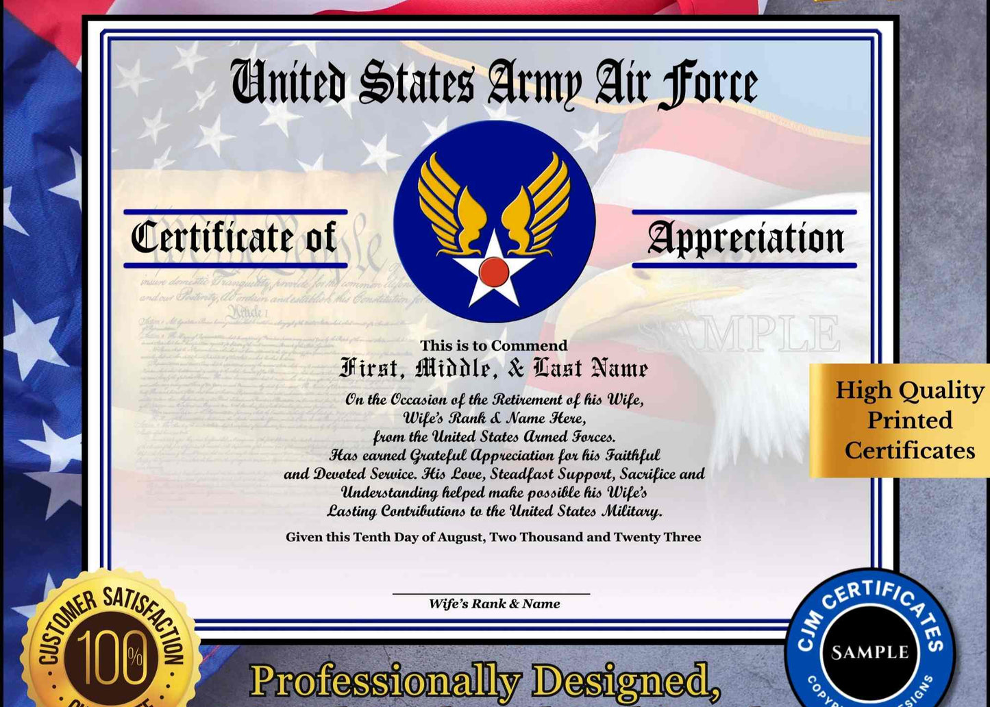 A personalized military retirement husband appreciation certificate with a blue and white color scheme, featuring the United States Army AF emblem, flags, and a customized message.