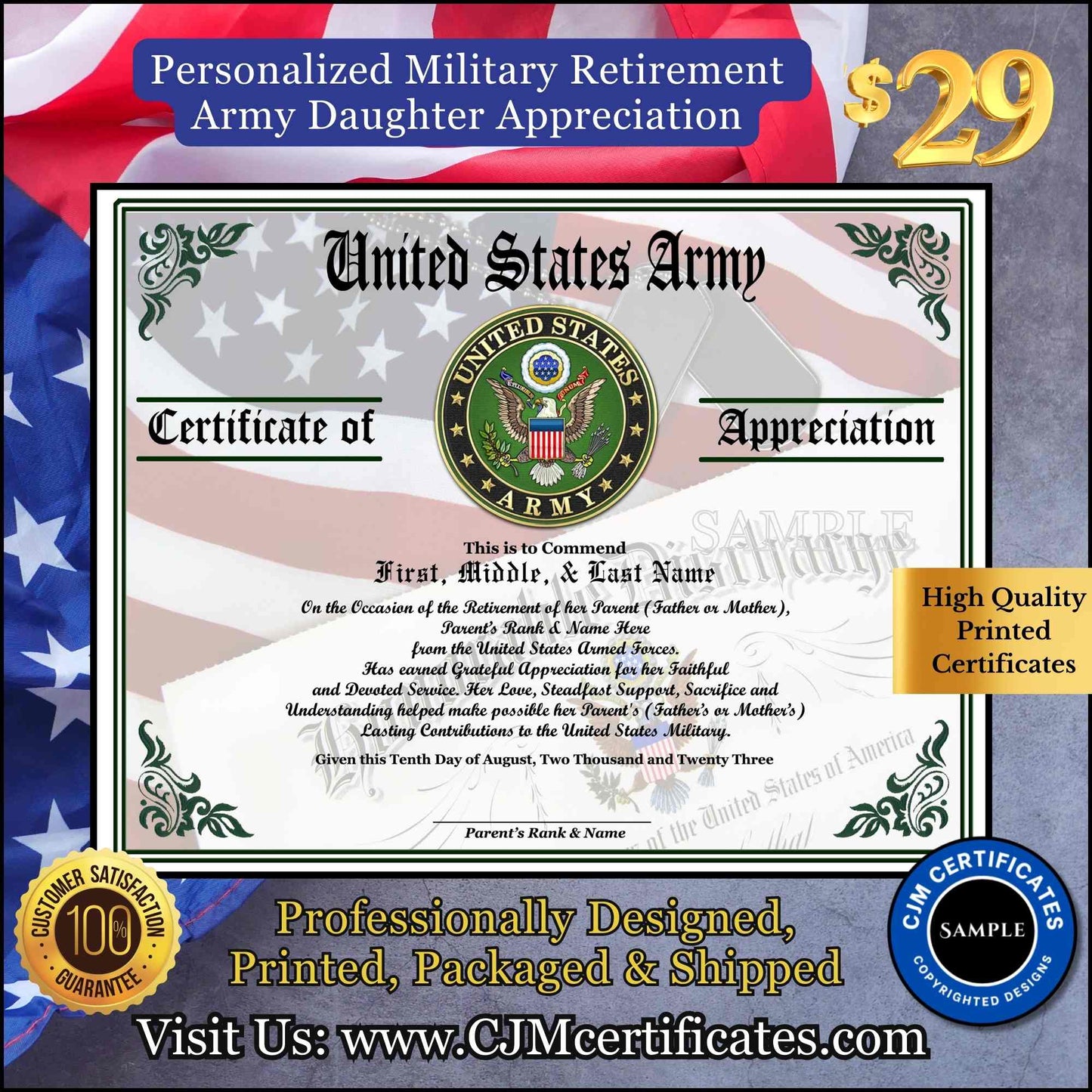 Military Retirement Ceremony Daughter Certificate