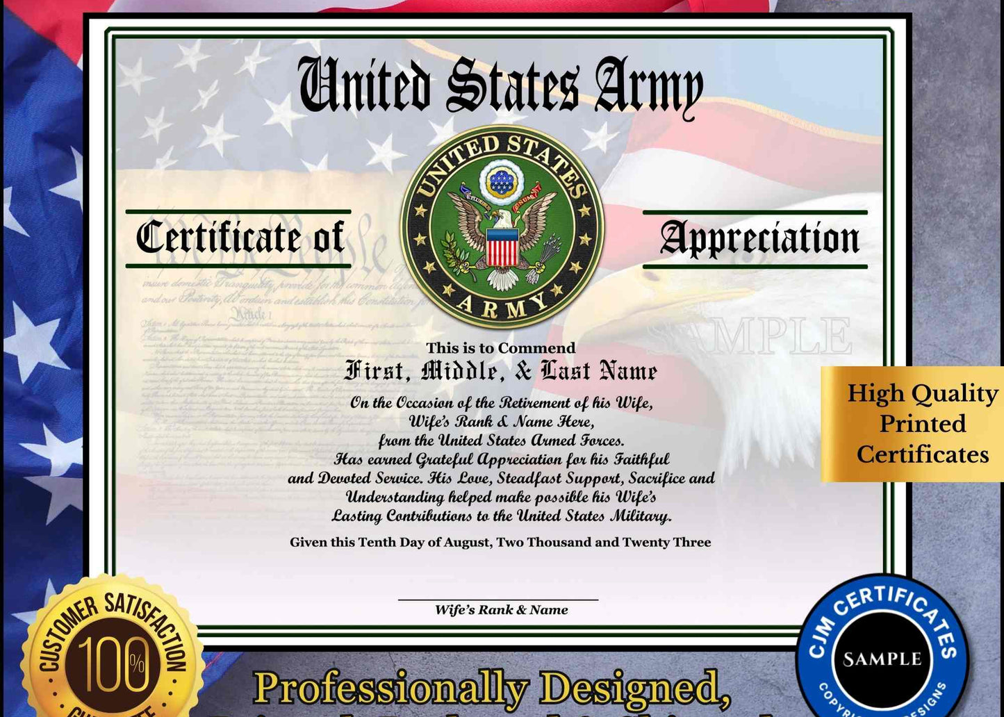 A personalized military retirement husband appreciation certificate with a blue and white color scheme, featuring the United States Army emblem, flags, and a customized message.