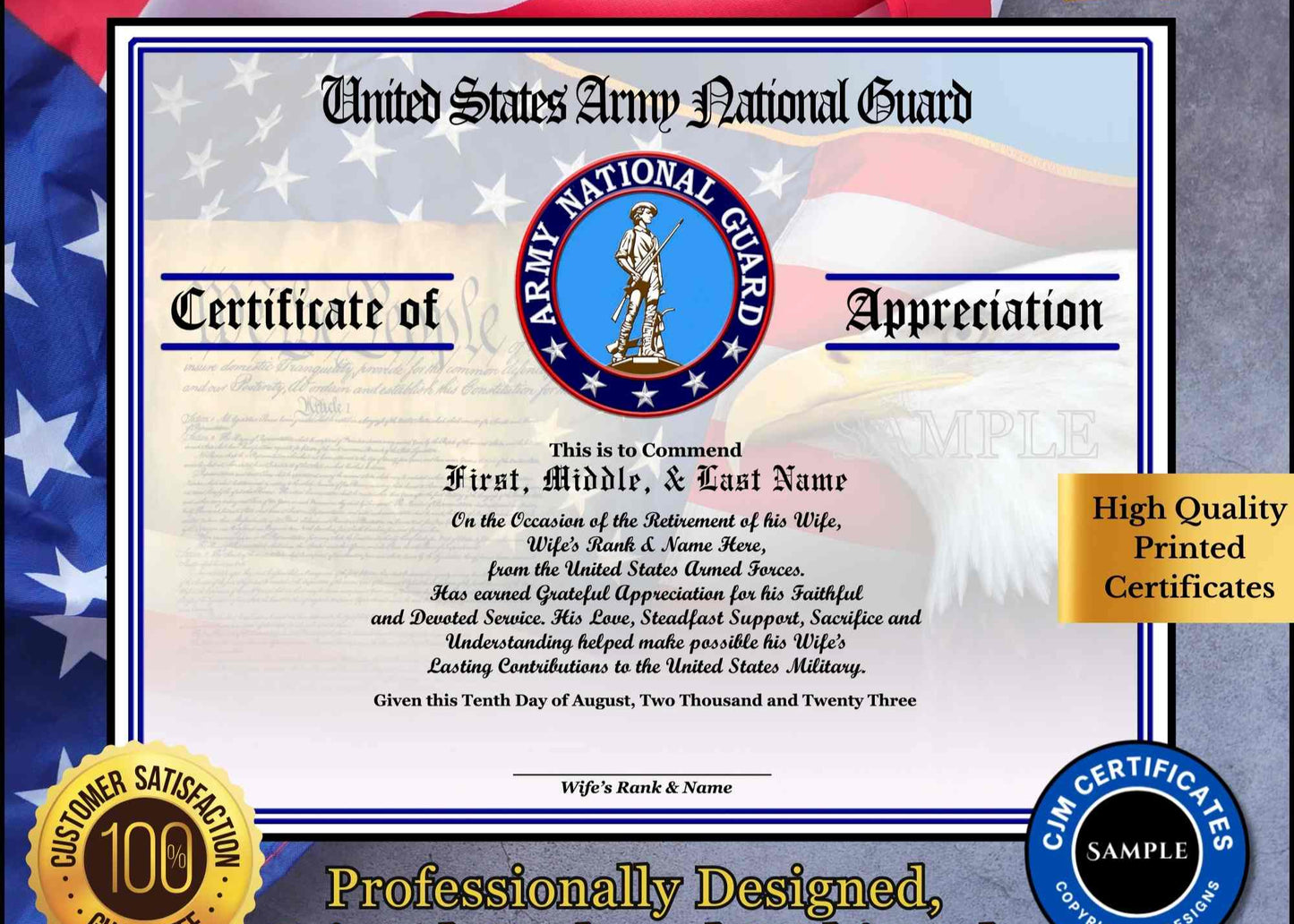 A personalized military retirement husband appreciation certificate with a blue and white color scheme, featuring the United States Army NG emblem, flags, and a customized message.
