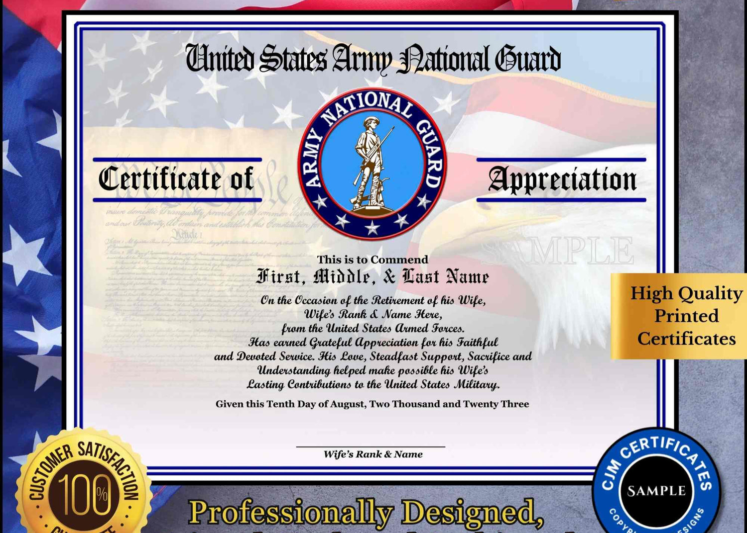 A personalized military retirement husband appreciation certificate with a blue and white color scheme, featuring the United States Army NG emblem, flags, and a customized message.