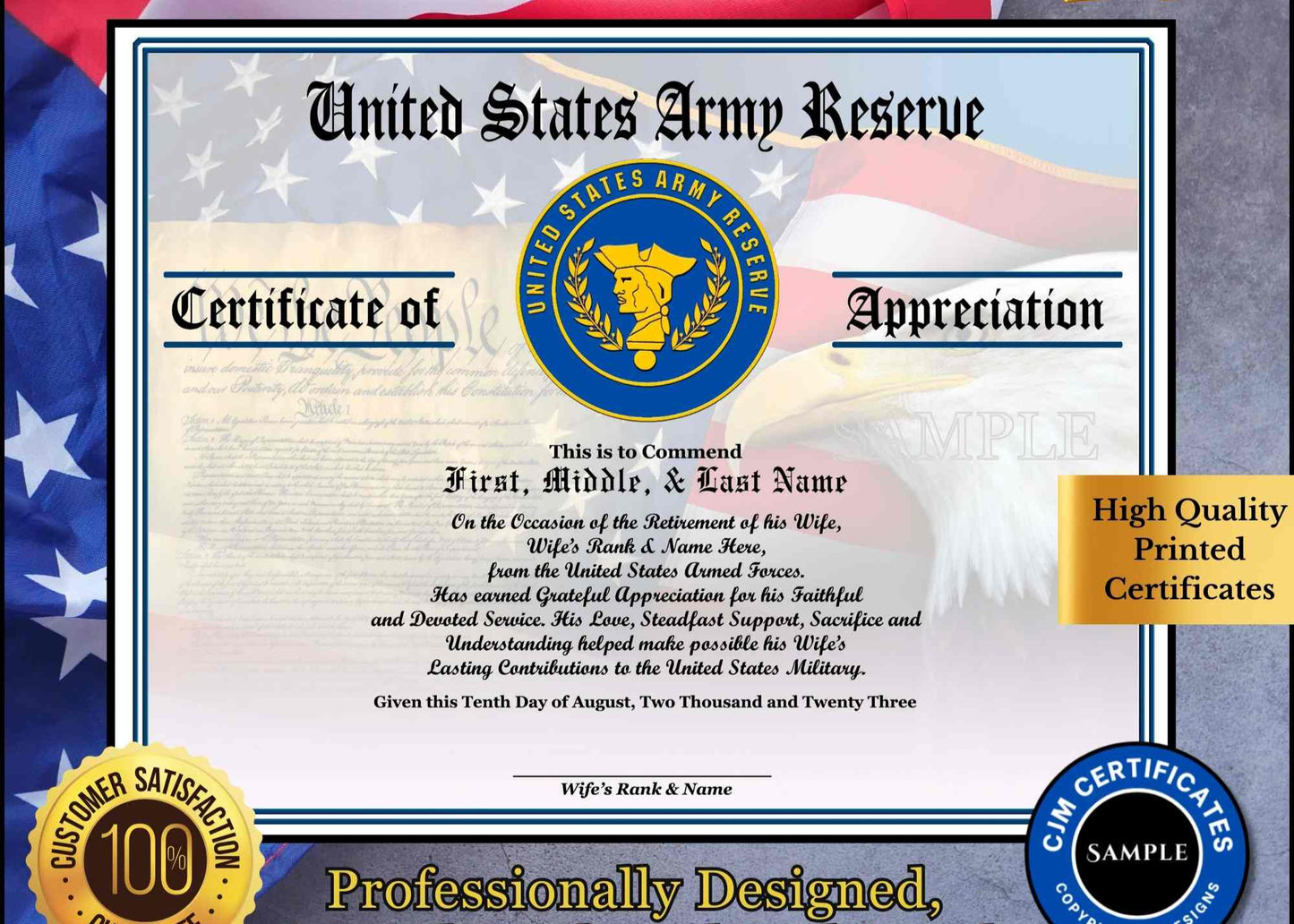 A personalized military retirement husband appreciation certificate with a blue and white color scheme, featuring the United States Army Reserve emblem, flags, and a customized message.