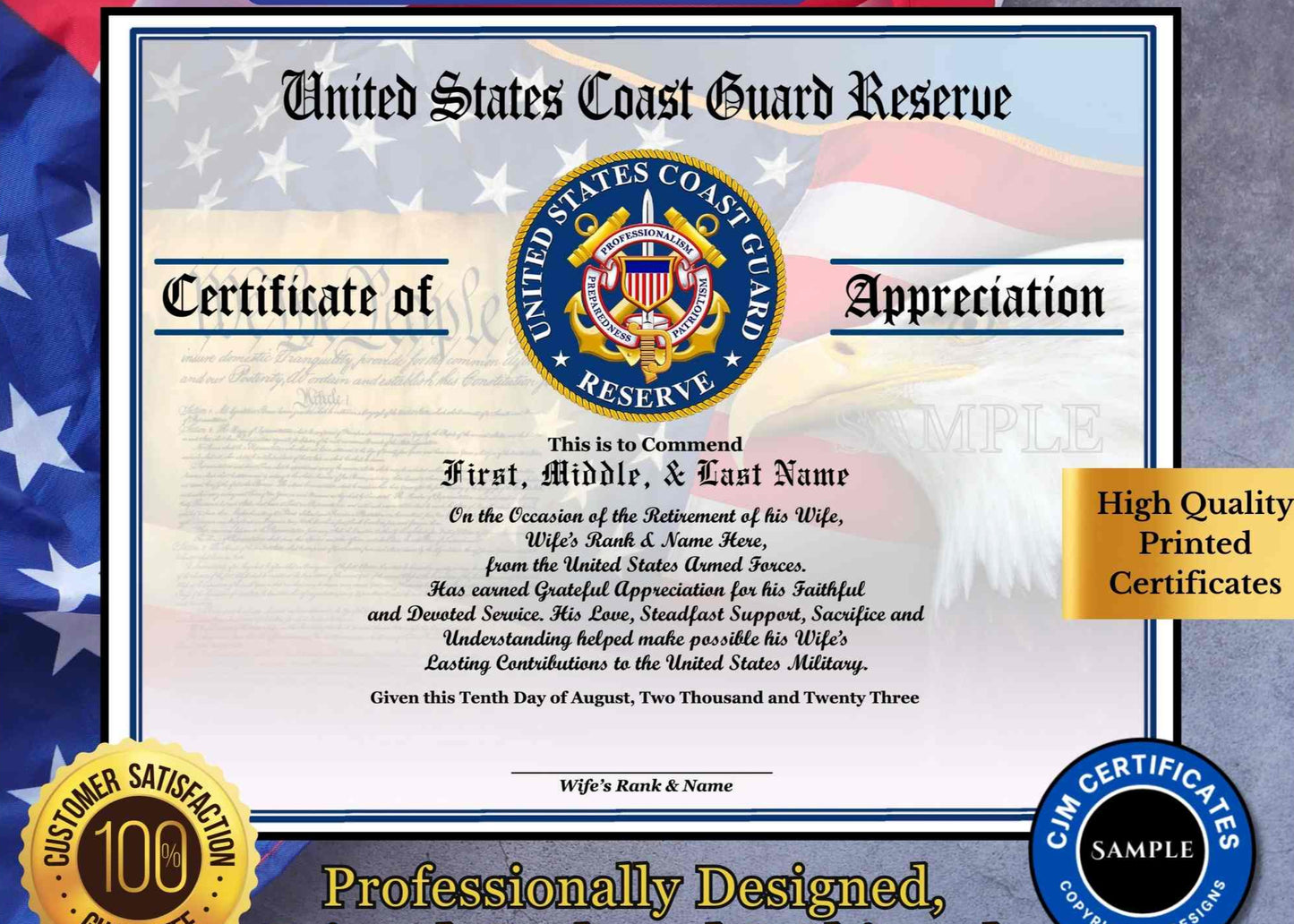 A personalized military retirement husband appreciation certificate with a blue and white color scheme, featuring the United States CG Reserve emblem, flags, and a customized message.