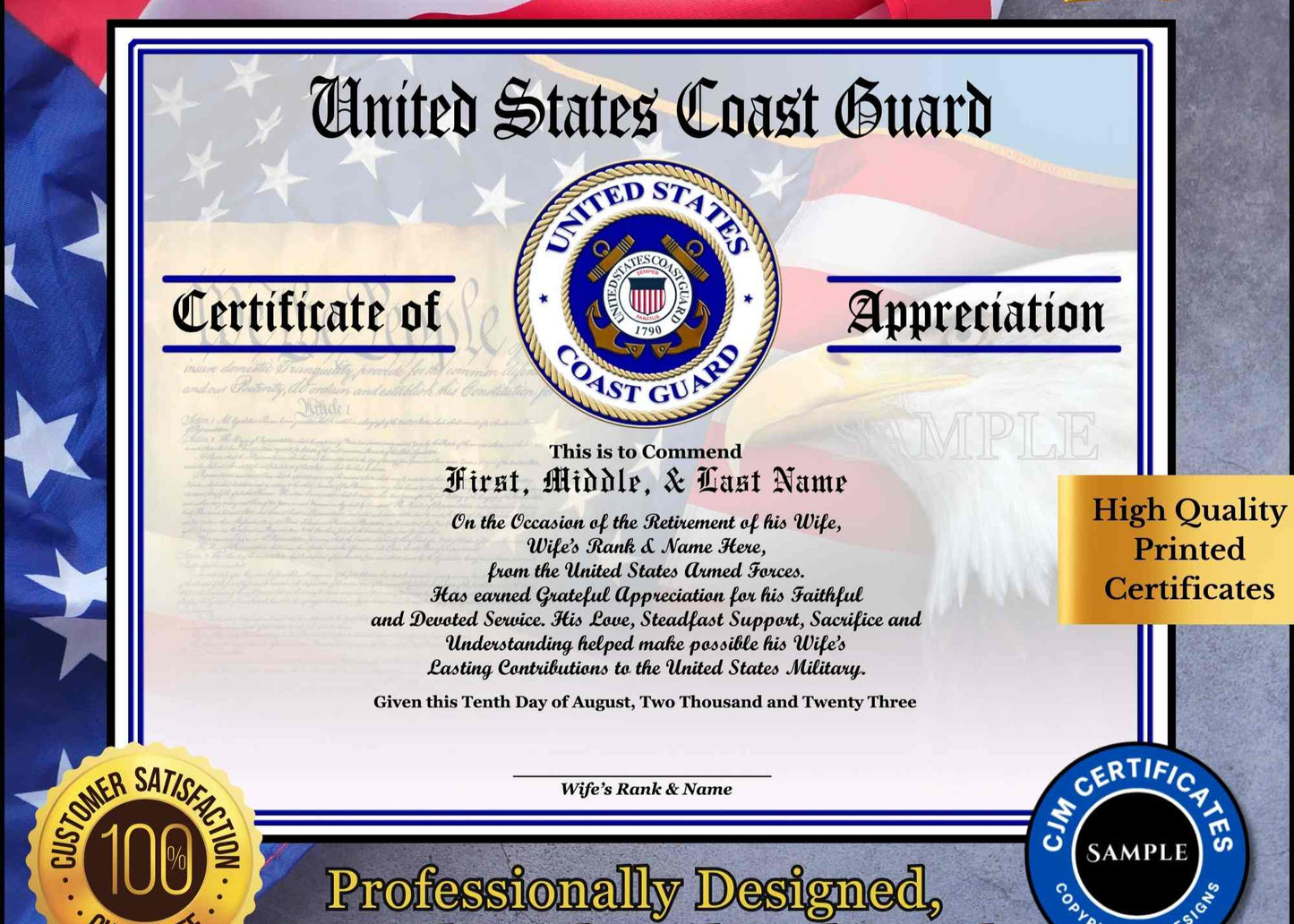 A personalized military retirement husband appreciation certificate with a blue and white color scheme, featuring the United States Coast Guard emblem, flags, and a customized message.