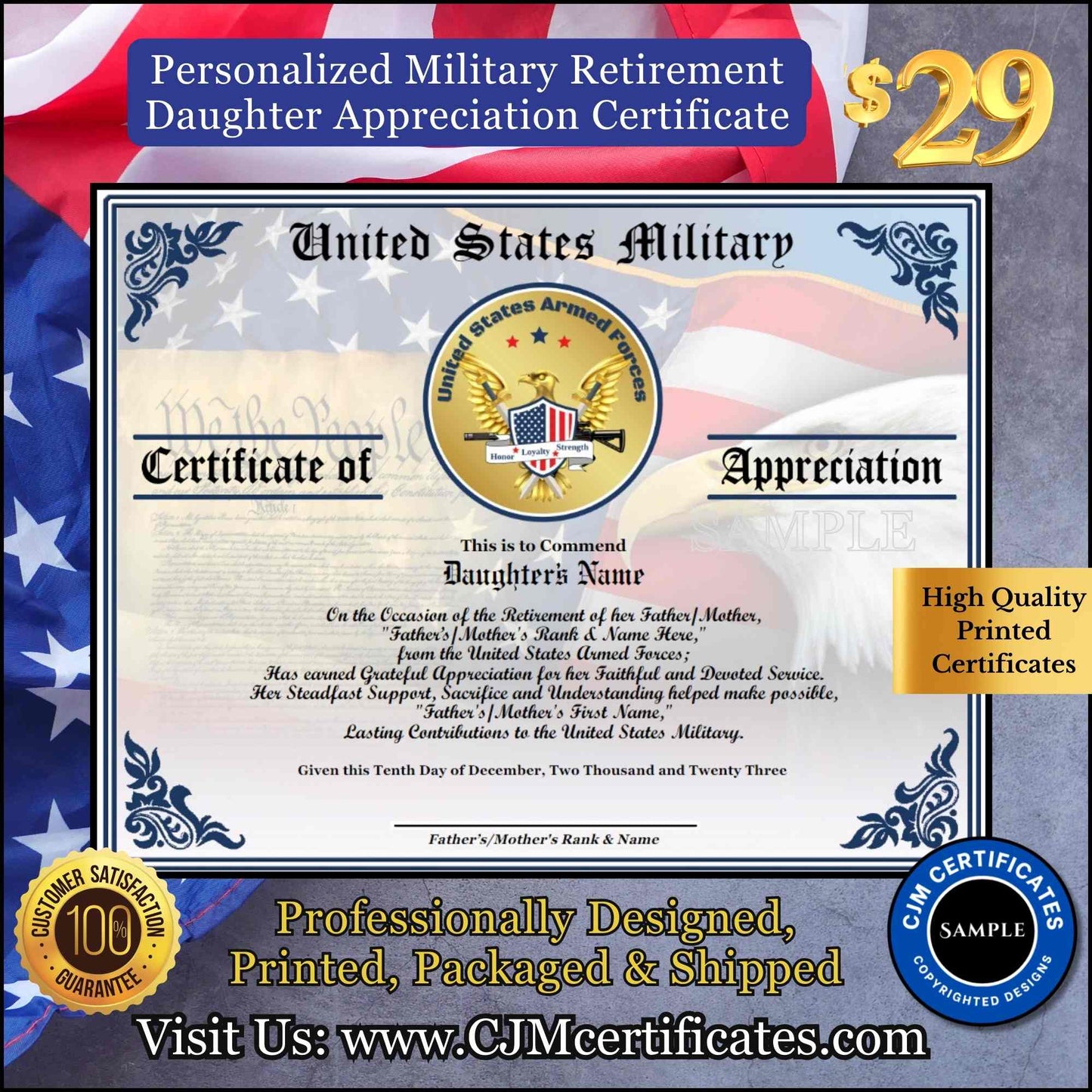 Military Retirement Ceremony Daughter Certificate