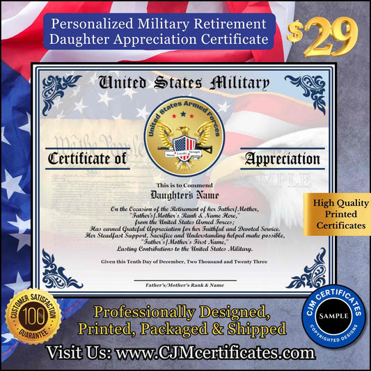 Military Retirement Ceremony Daughter Certificate