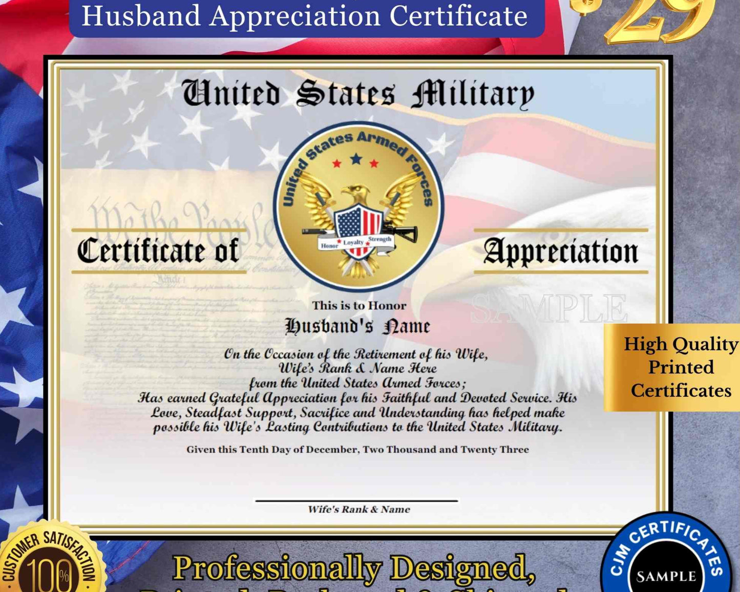 A personalized military retirement husband appreciation certificate with a blue and white color scheme, featuring the United States Army emblem, flags, and a customized message.