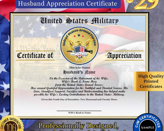 A personalized military retirement husband appreciation certificate with a blue and white color scheme, featuring the United States Army emblem, flags, and a customized message.