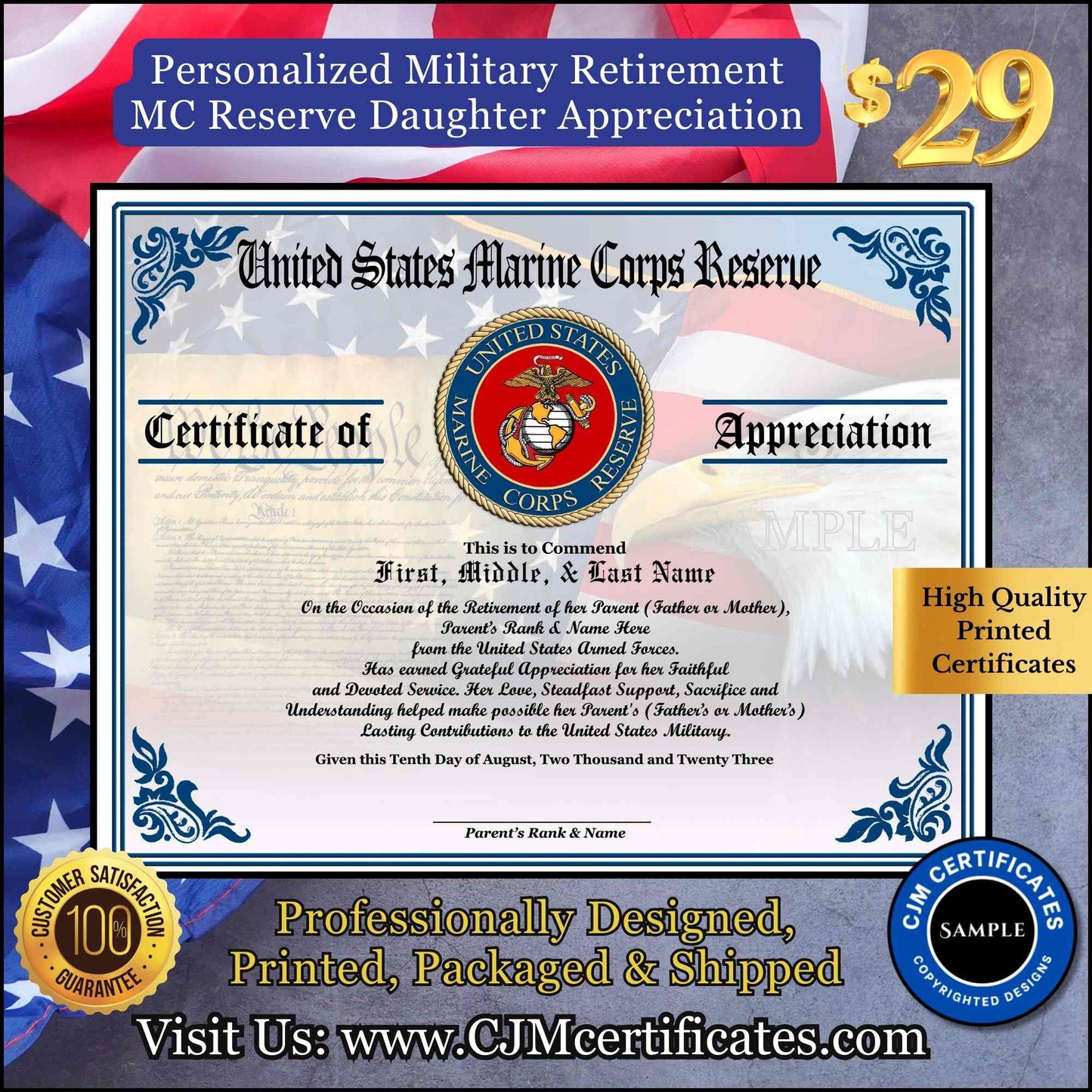 Military Retirement Ceremony Daughter Certificate