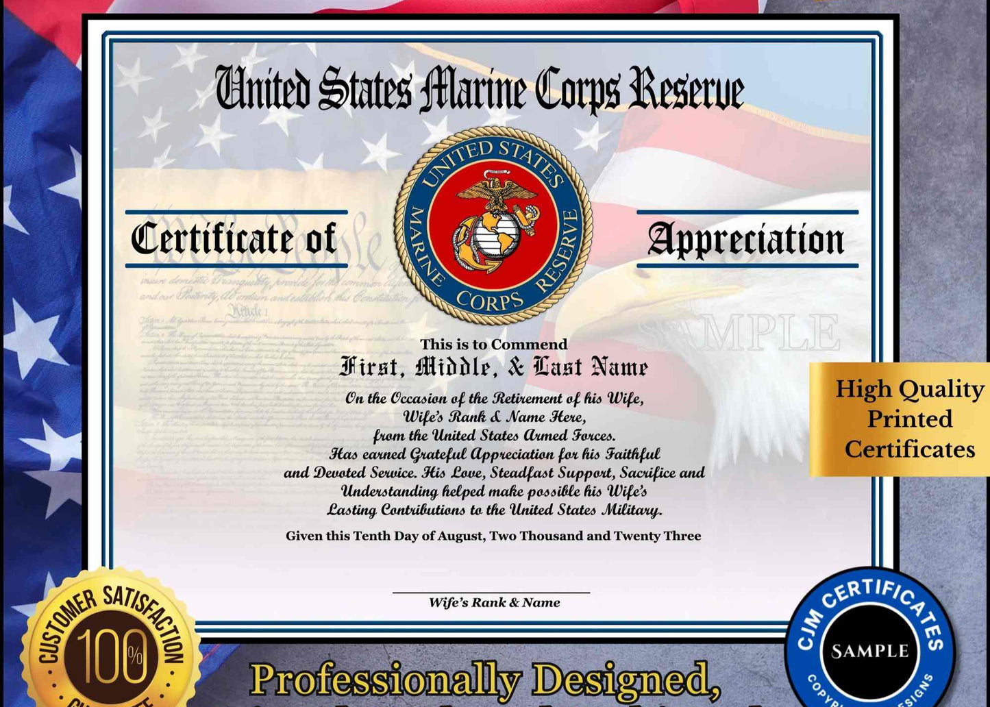 A personalized military retirement husband appreciation certificate with a blue and white color scheme, featuring the United States MC Reserve emblem, flags, and a customized message.