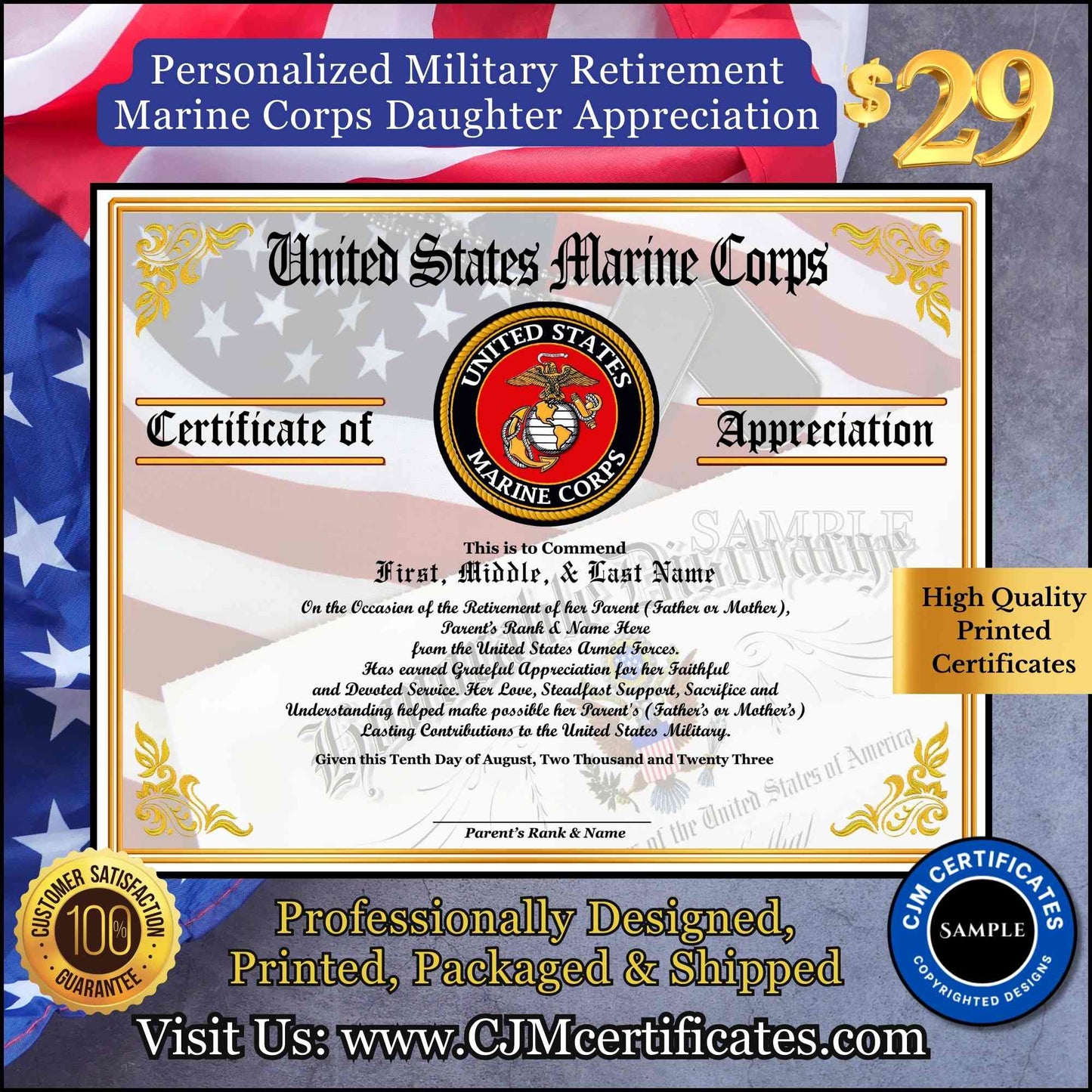 Military Retirement Ceremony Daughter Certificate