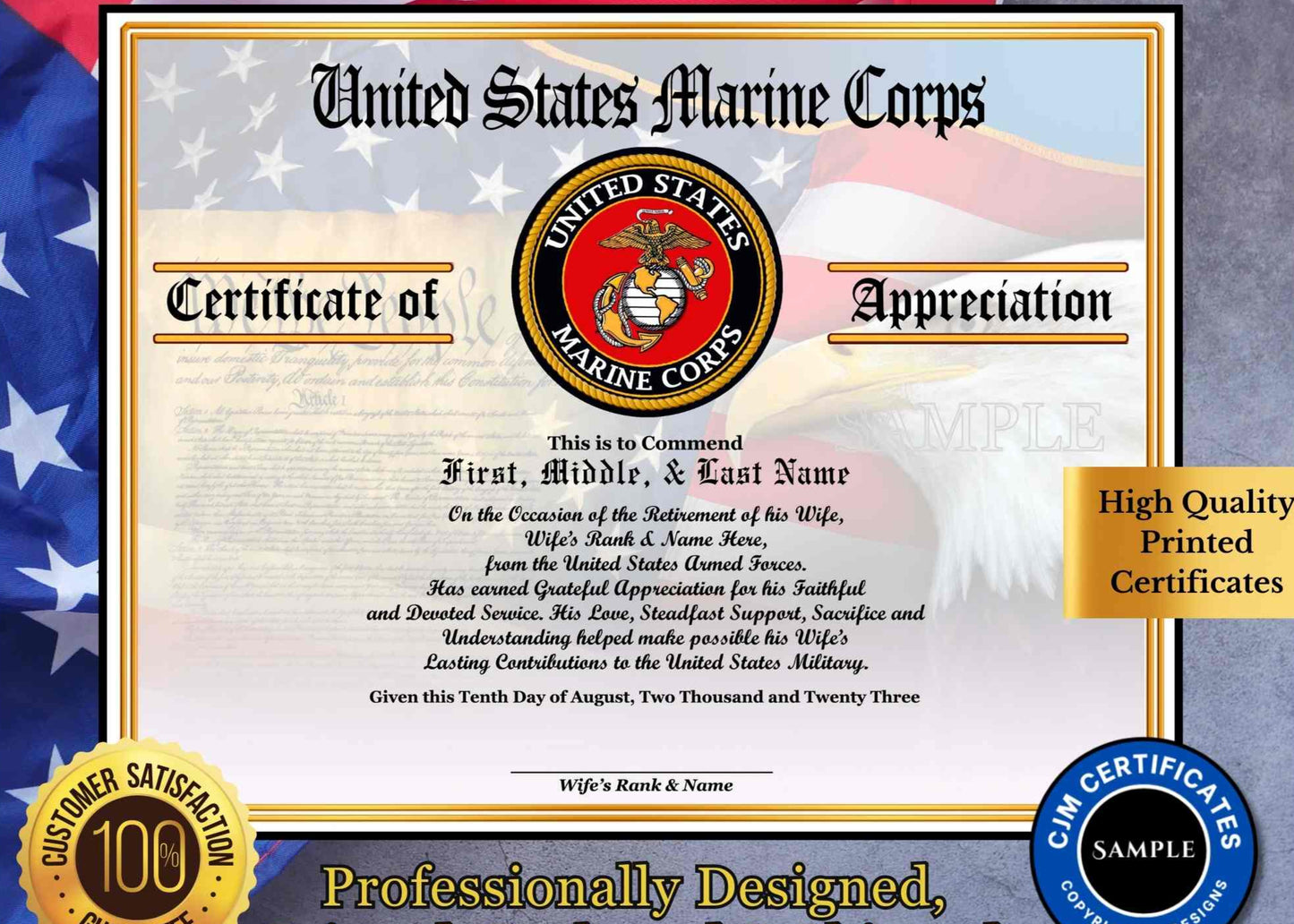 A personalized military retirement husband appreciation certificate with a blue and white color scheme, featuring the United States Marine Corps emblem, flags, and a customized message.
