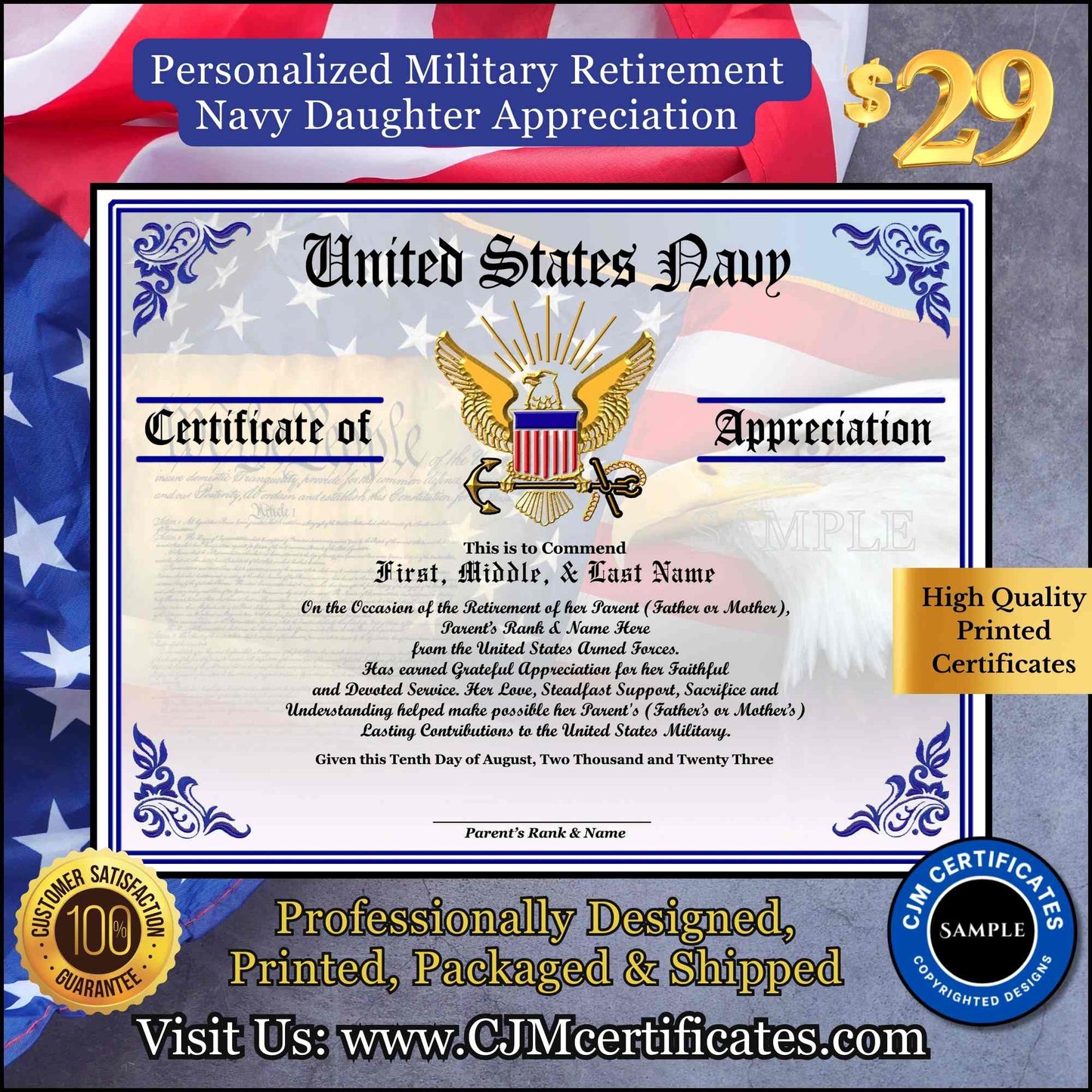 Military Retirement Ceremony Daughter Certificate