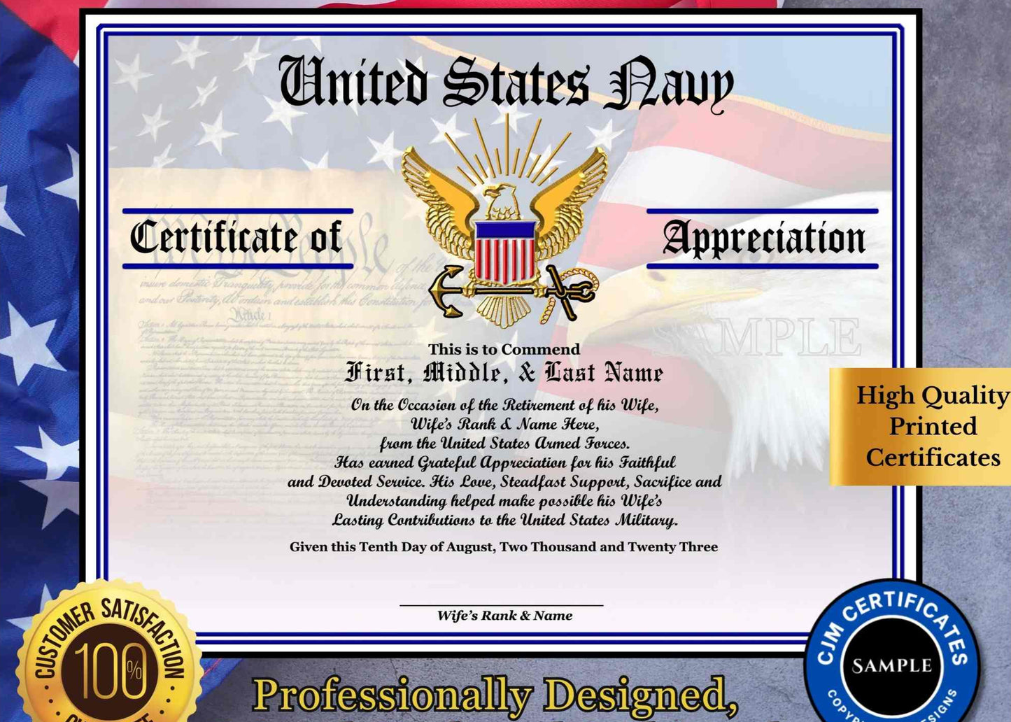 A personalized military retirement husband appreciation certificate with a blue and white color scheme, featuring the United States Navy emblem, flags, and a customized message.