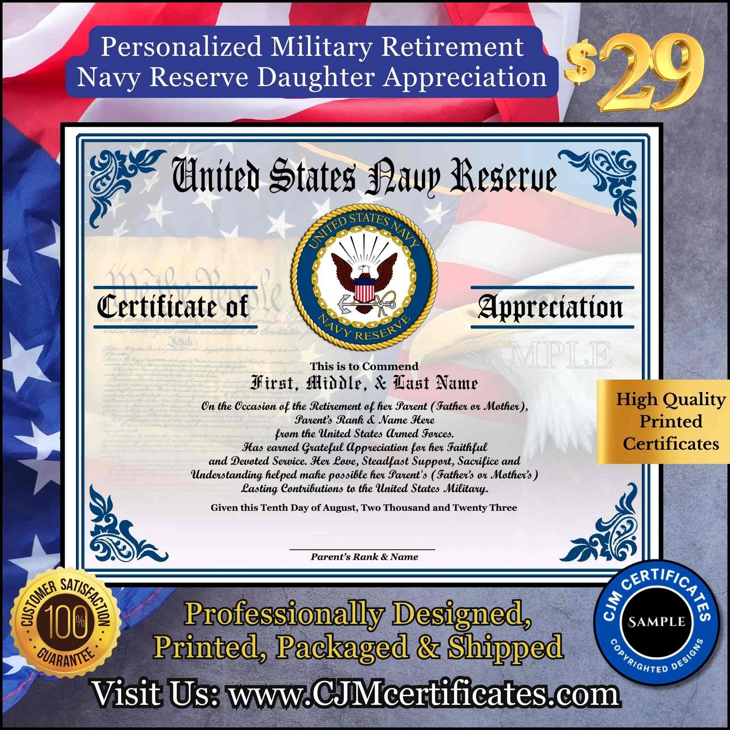 Military Retirement Ceremony Daughter Certificate